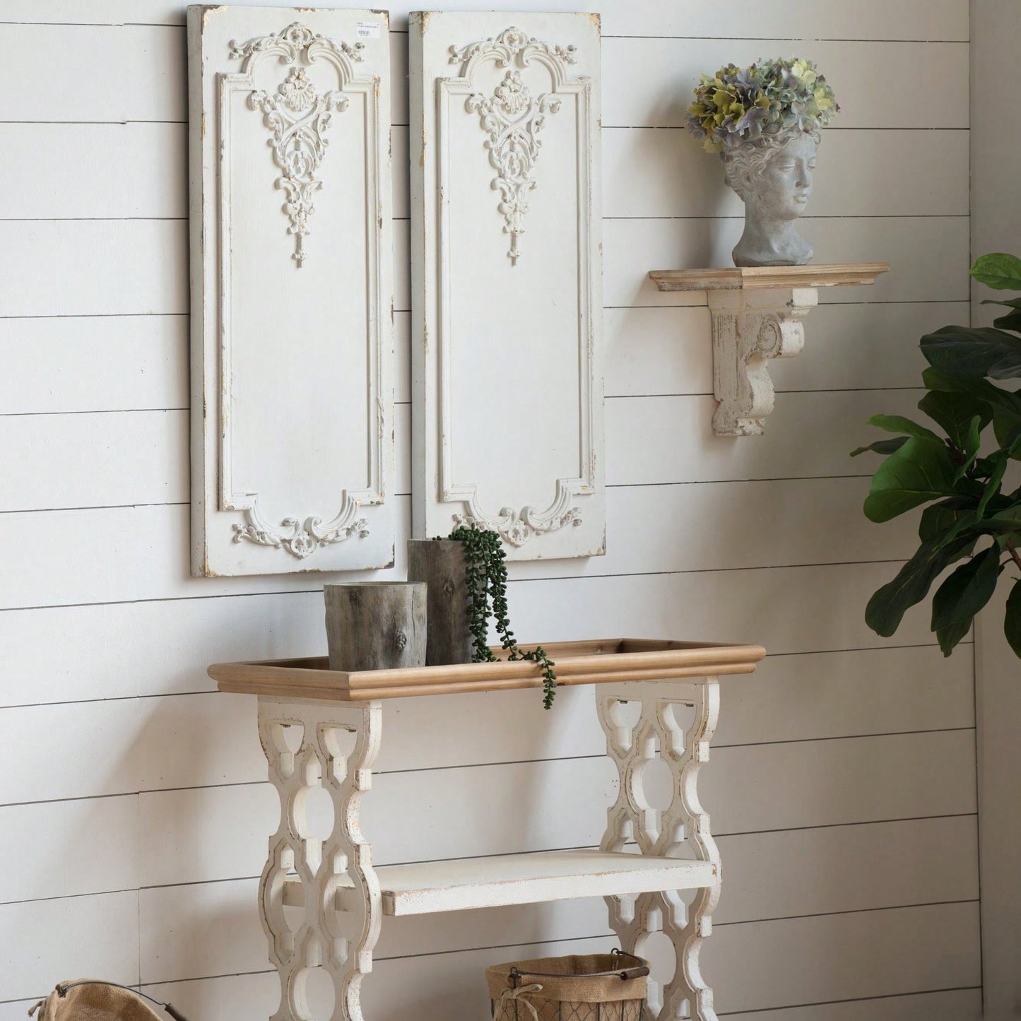 35.5" X 14" X 32" Distressed White And Natural Wood Shelf Tray, French Country Console Table