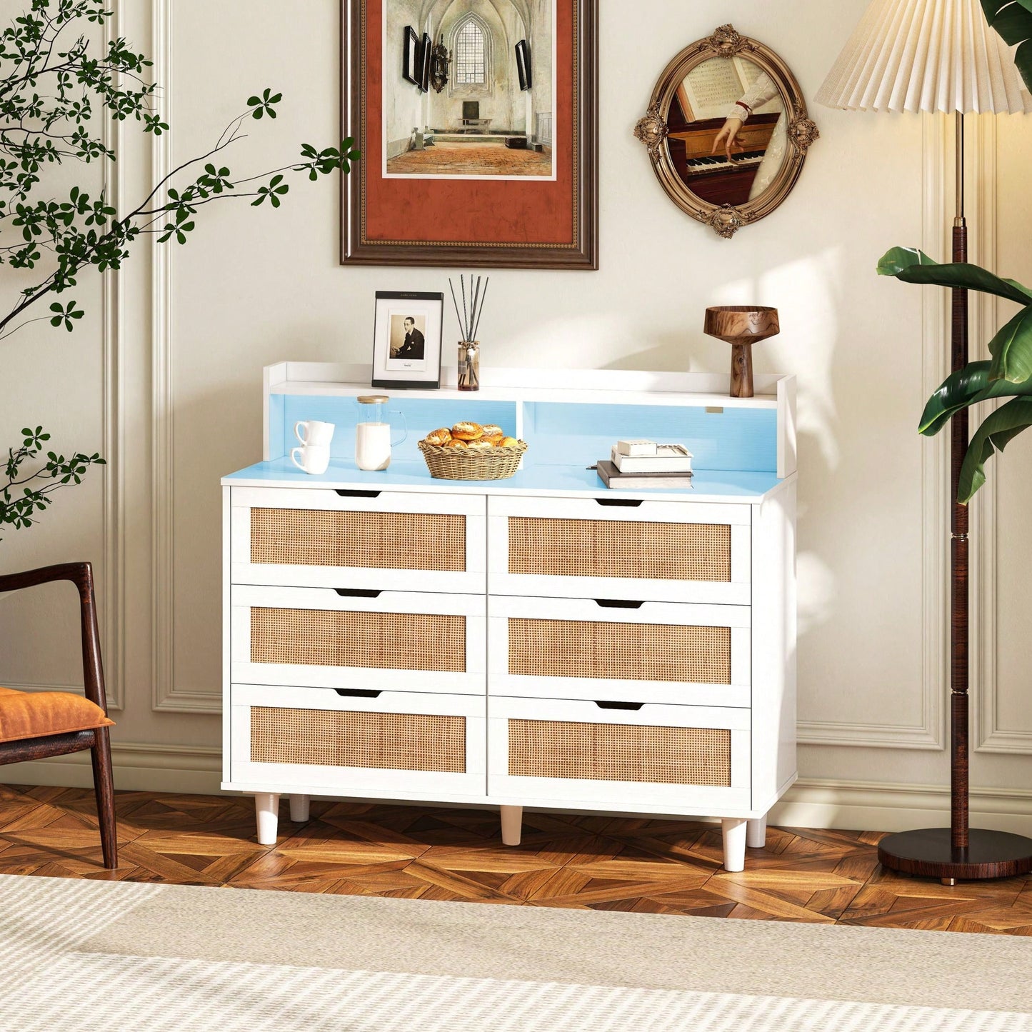 6-Drawers Rattan Storage Cabinet With LED Lights And Power Outlet, For Bedroom, Living Room