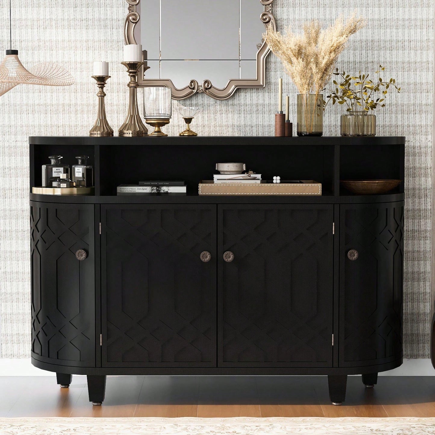 Curved Solid Wood Veneer Storage Cabinet with 4 Doors and Adjustable Shelves for Hallways and Studies