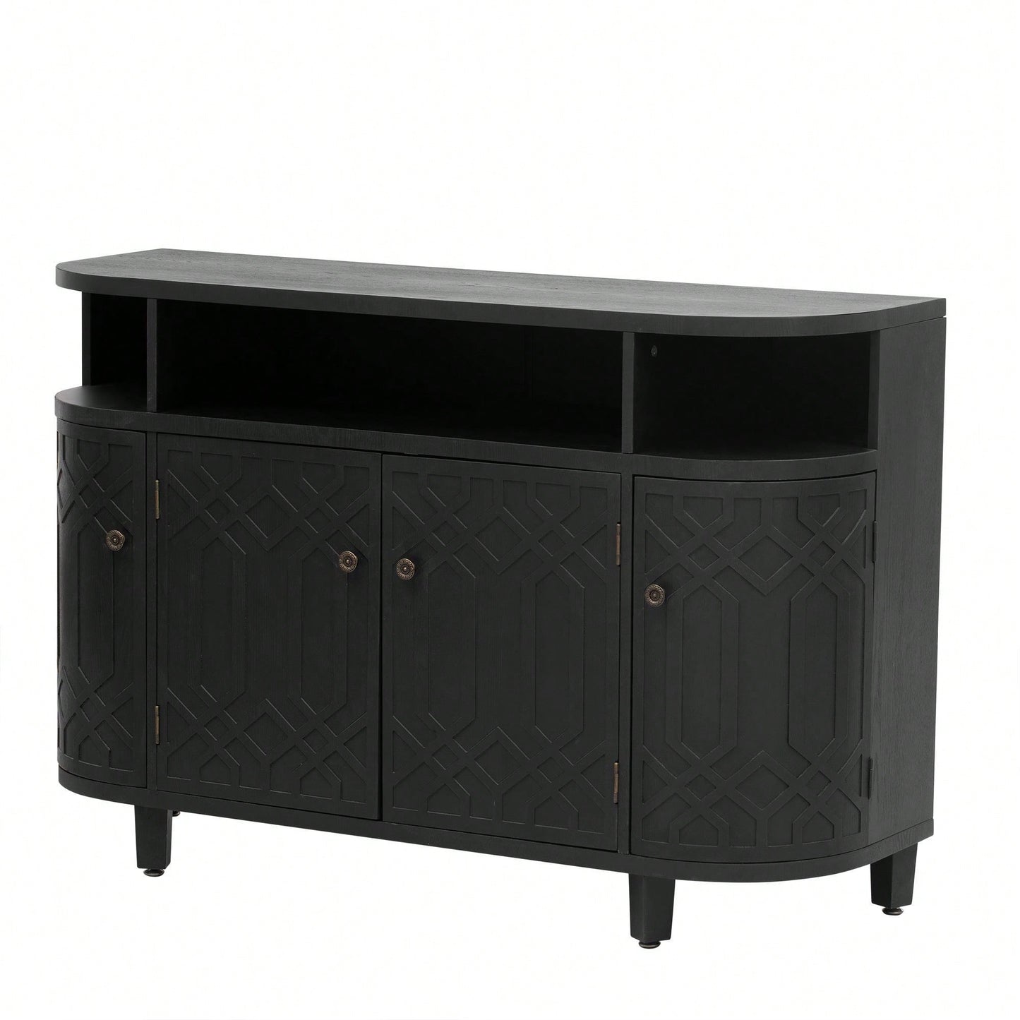 Curved Solid Wood Veneer Storage Cabinet with 4 Doors and Adjustable Shelves for Hallways and Studies