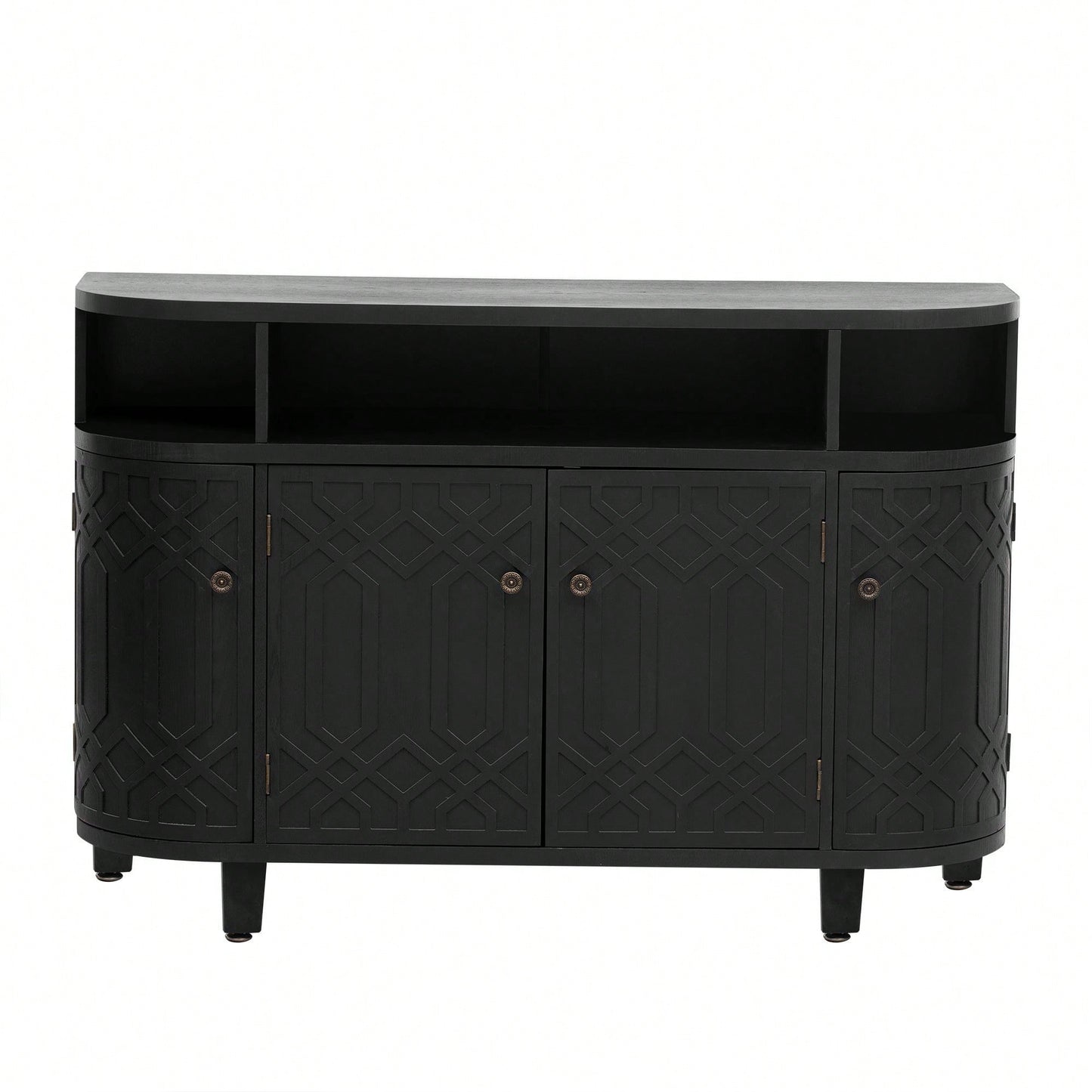 Curved Solid Wood Veneer Storage Cabinet with 4 Doors and Adjustable Shelves for Hallways and Studies