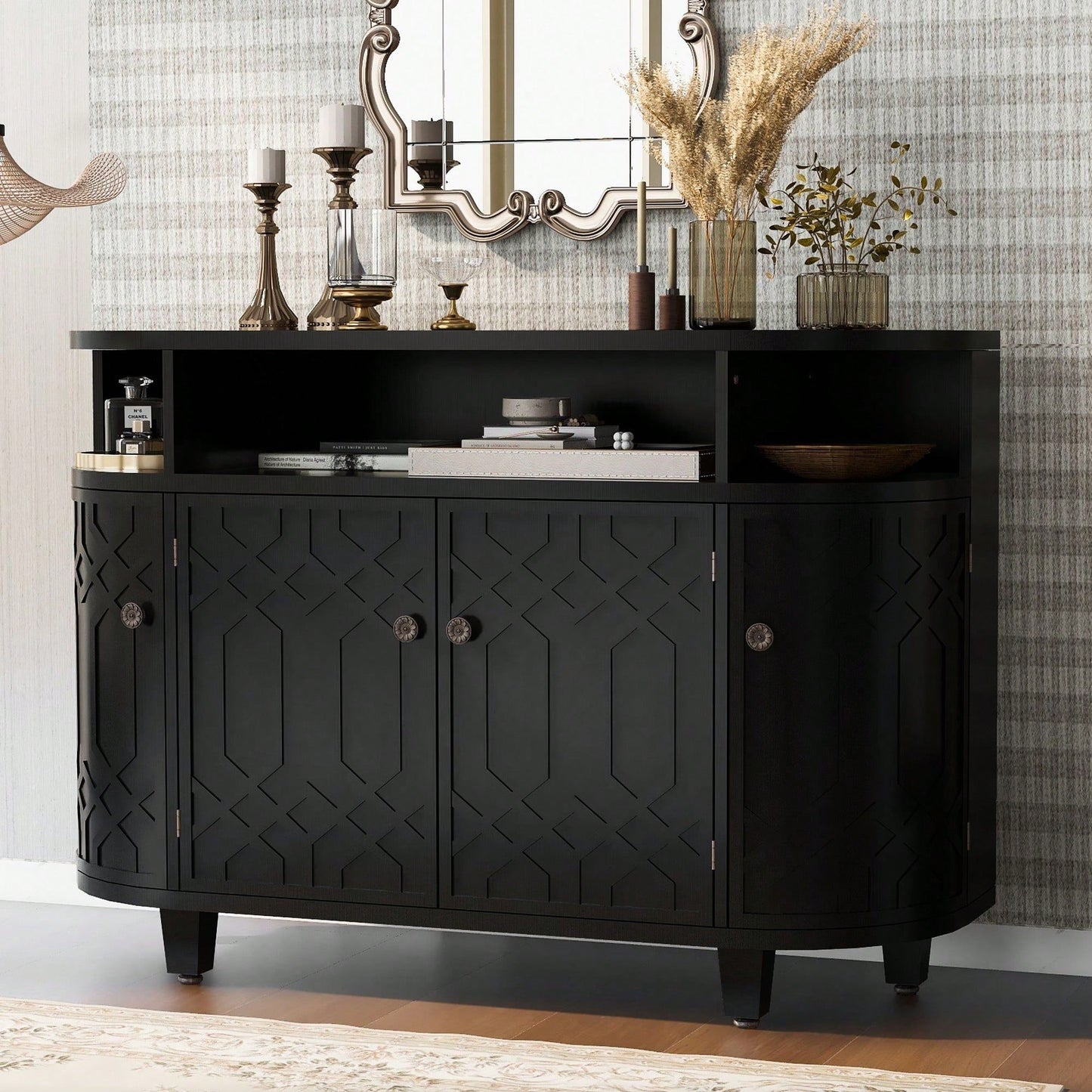Curved Solid Wood Veneer Storage Cabinet with 4 Doors and Adjustable Shelves for Hallways and Studies