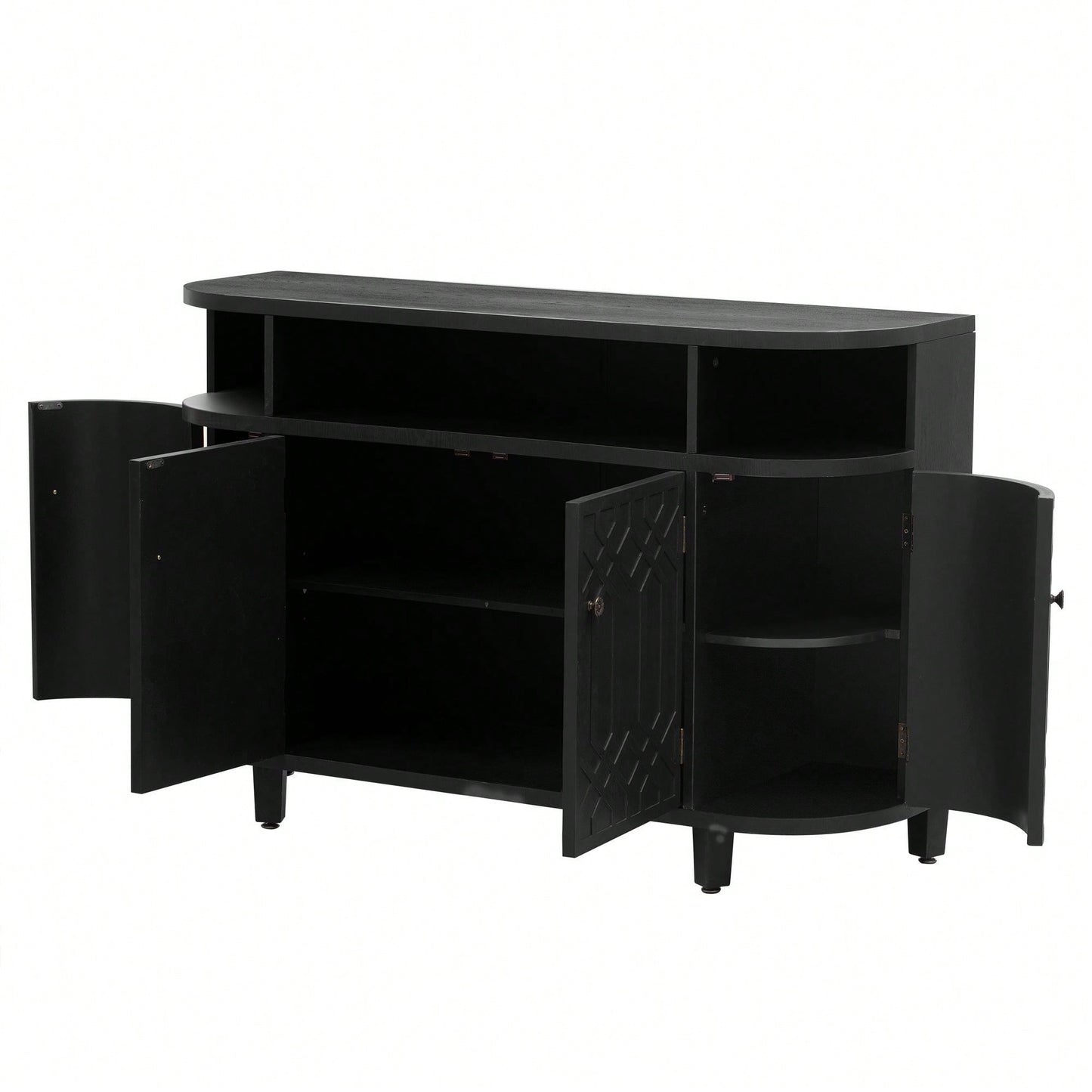 Curved Solid Wood Veneer Storage Cabinet with 4 Doors and Adjustable Shelves for Hallways and Studies
