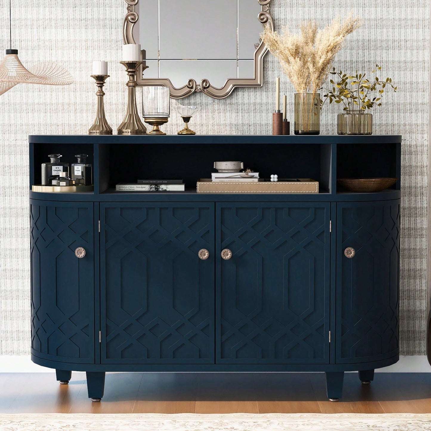 Curved Solid Wood Veneer Storage Cabinet with 4 Doors and Adjustable Shelves for Hallways and Studies