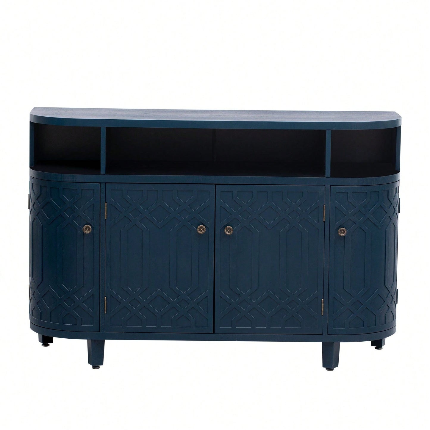 Curved Solid Wood Veneer Storage Cabinet with 4 Doors and Adjustable Shelves for Hallways and Studies