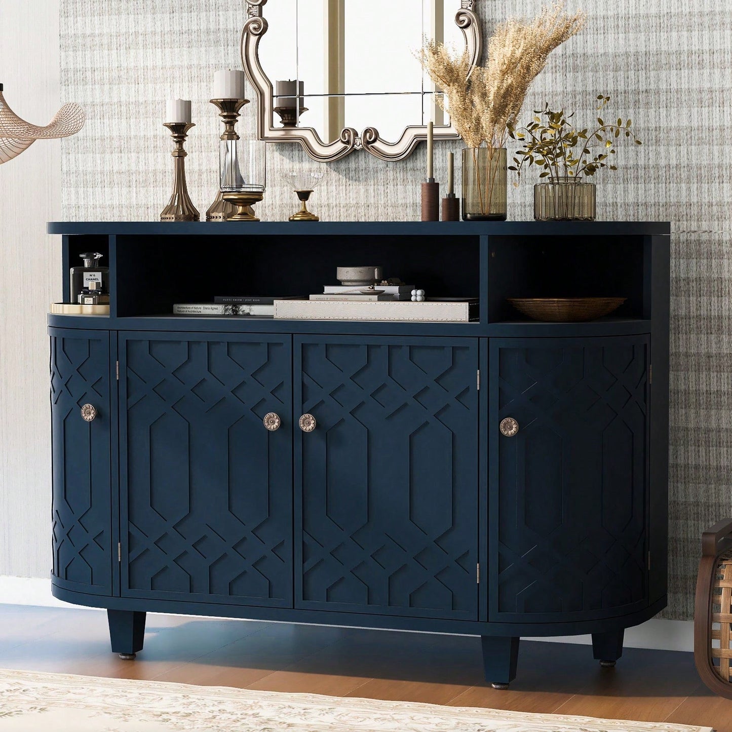 Curved Solid Wood Veneer Storage Cabinet with 4 Doors and Adjustable Shelves for Hallways and Studies