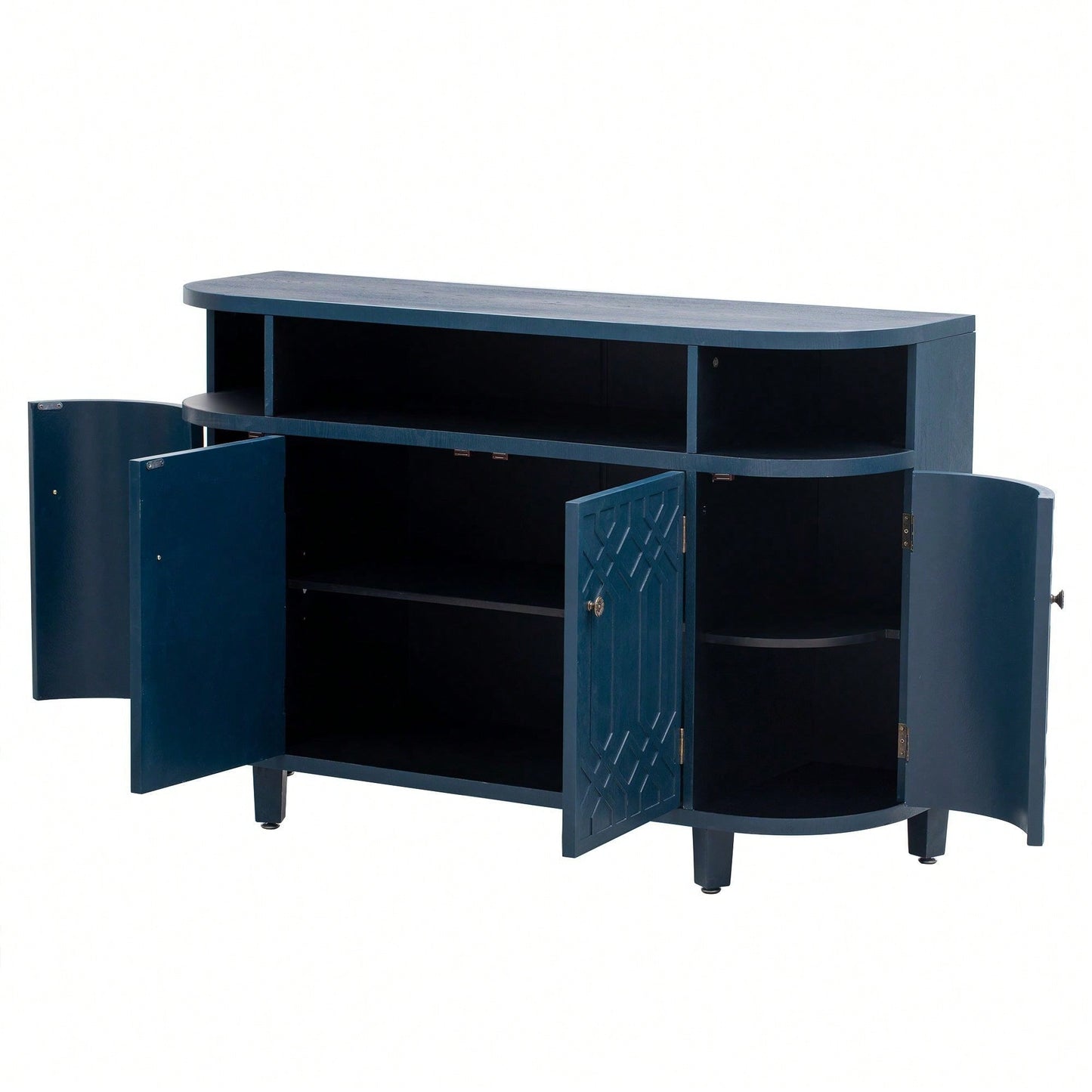 Curved Solid Wood Veneer Storage Cabinet with 4 Doors and Adjustable Shelves for Hallways and Studies