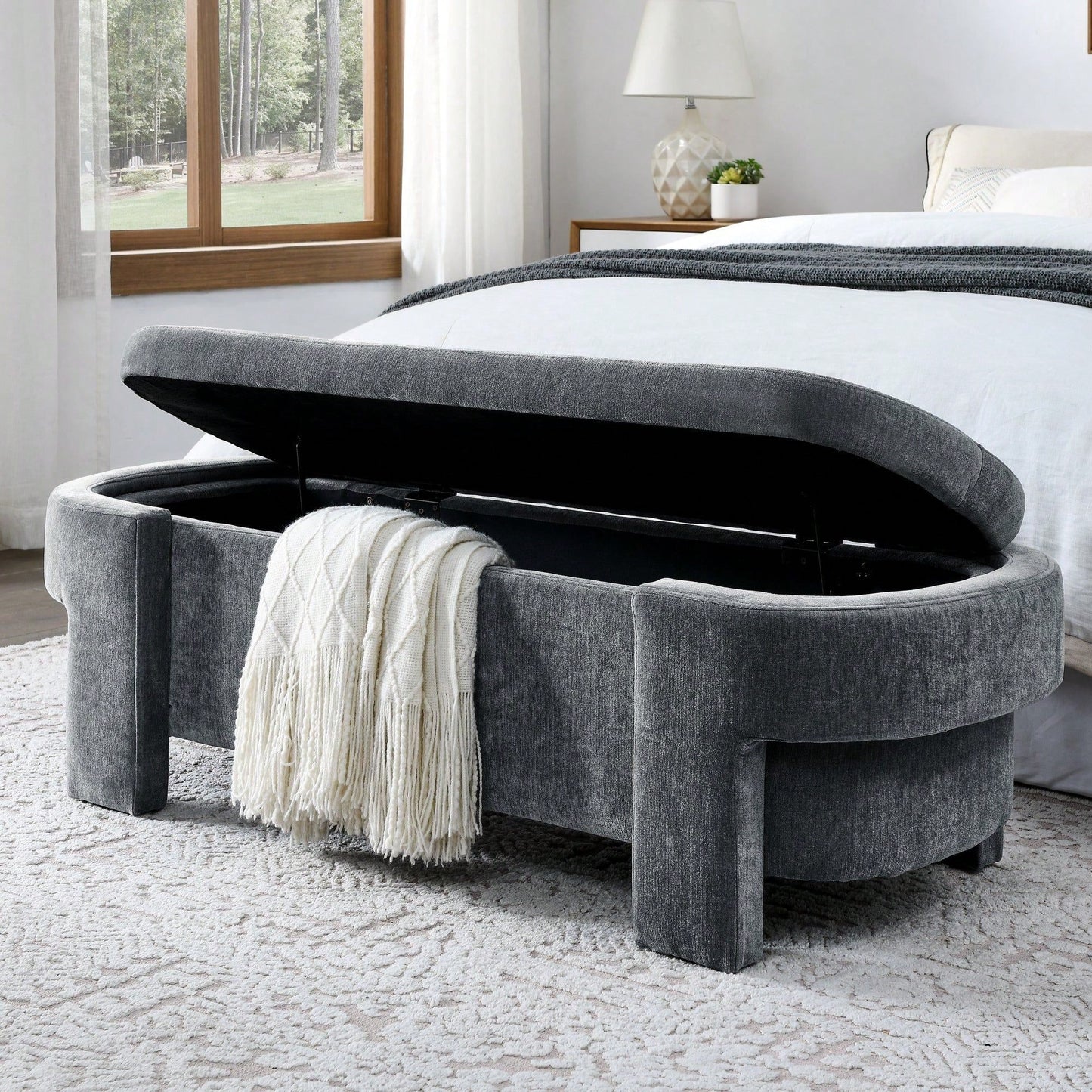 Large Storage Entry Bench With Soft Chenille Upholstery And Quality Foam, Grey