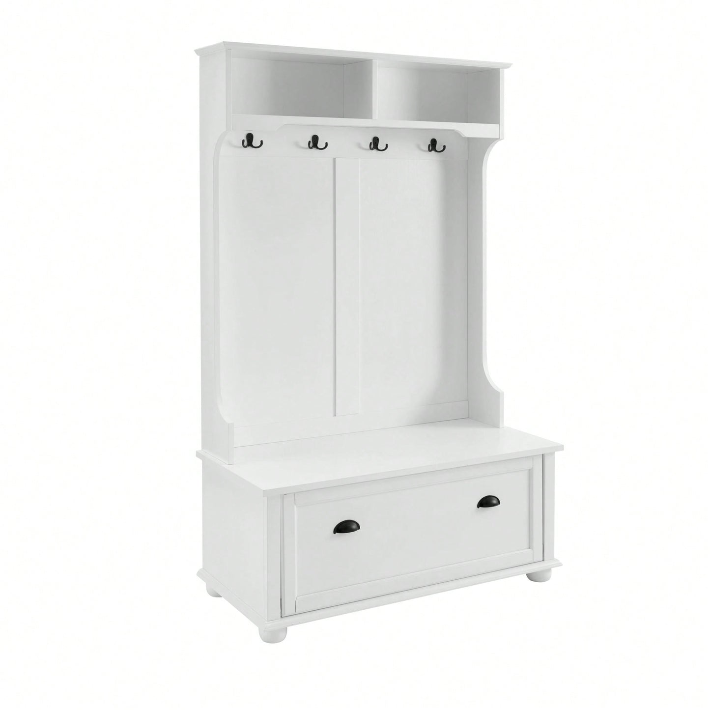 4-In-1 Hall Tree Entryway Bench With Open Shelves And Shoe Cabinets, SOLID WOOD Feet