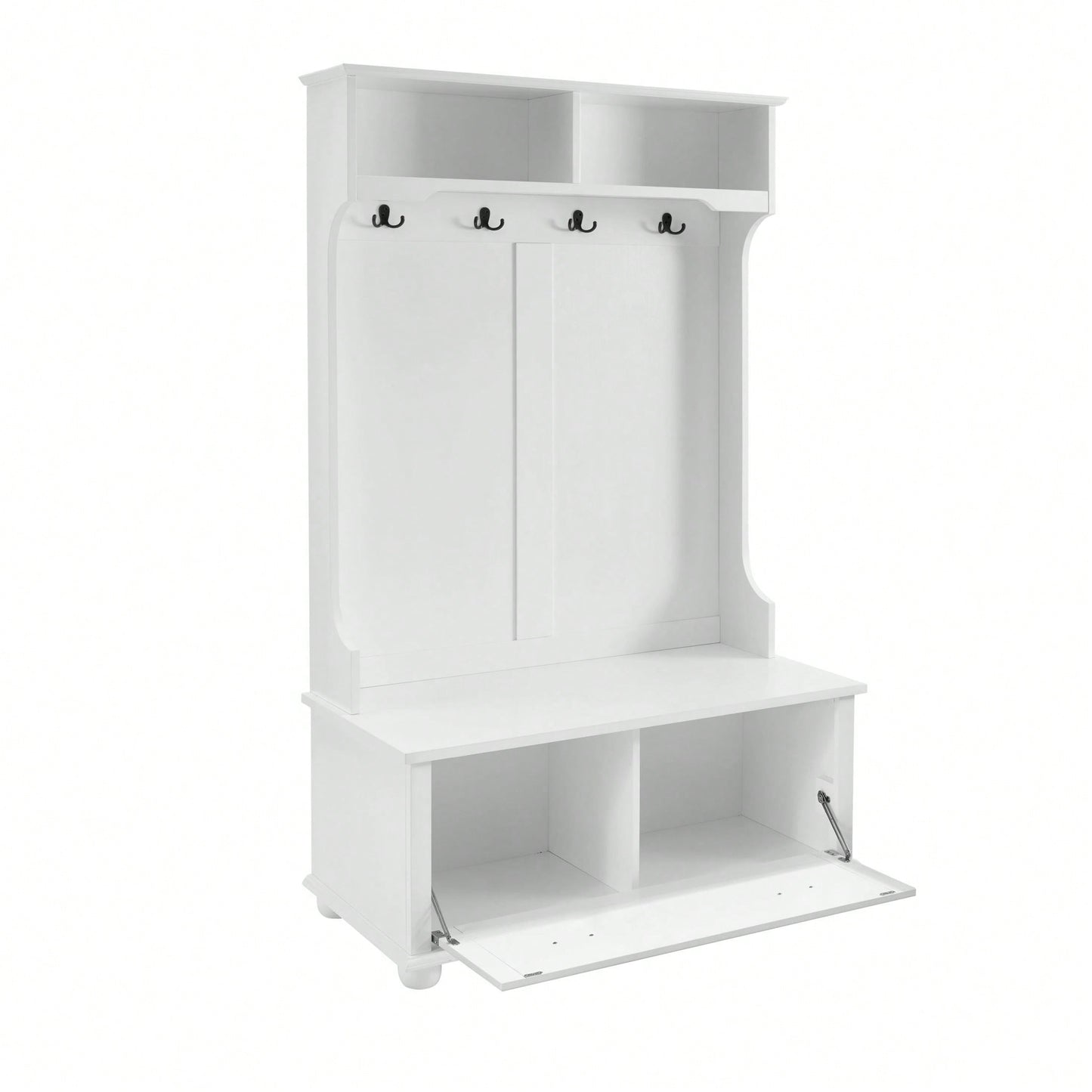 4-In-1 Hall Tree Entryway Bench With Open Shelves And Shoe Cabinets, SOLID WOOD Feet
