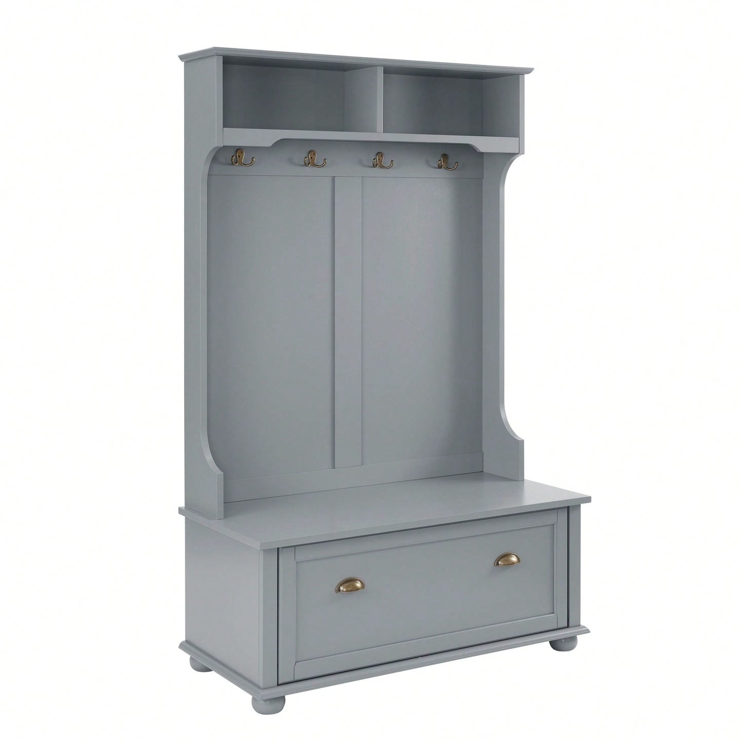 4-In-1 Hall Tree Entryway Bench With Open Shelves And Shoe Cabinets, SOLID WOOD Feet