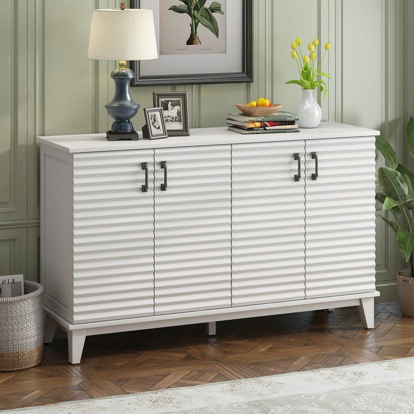 4 Door Large Storage Buffet With Adjustable Shelves And Metal Handles For Kitchen, Living Room, Dining Room