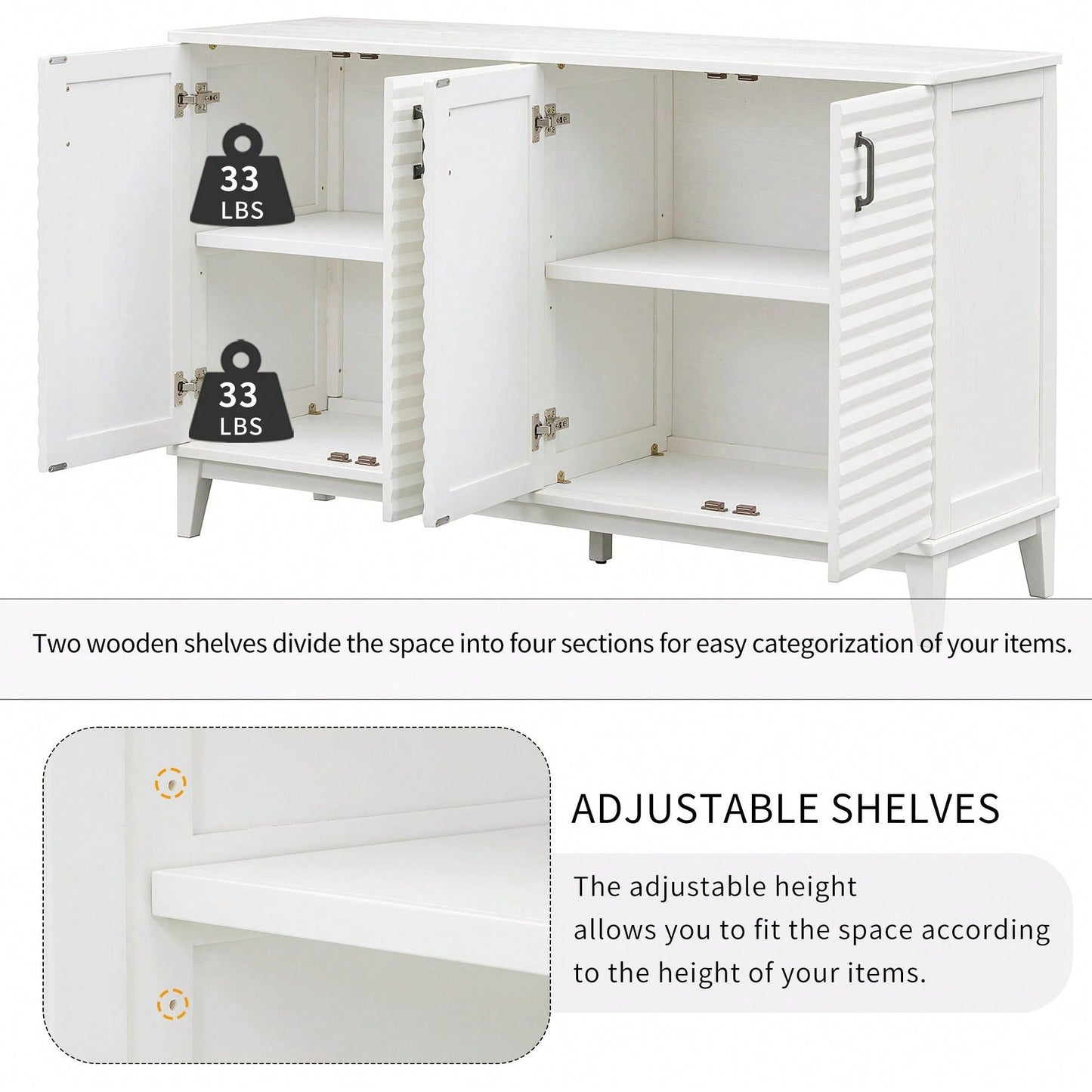 4 Door Large Storage Buffet With Adjustable Shelves And Metal Handles For Kitchen, Living Room, Dining Room