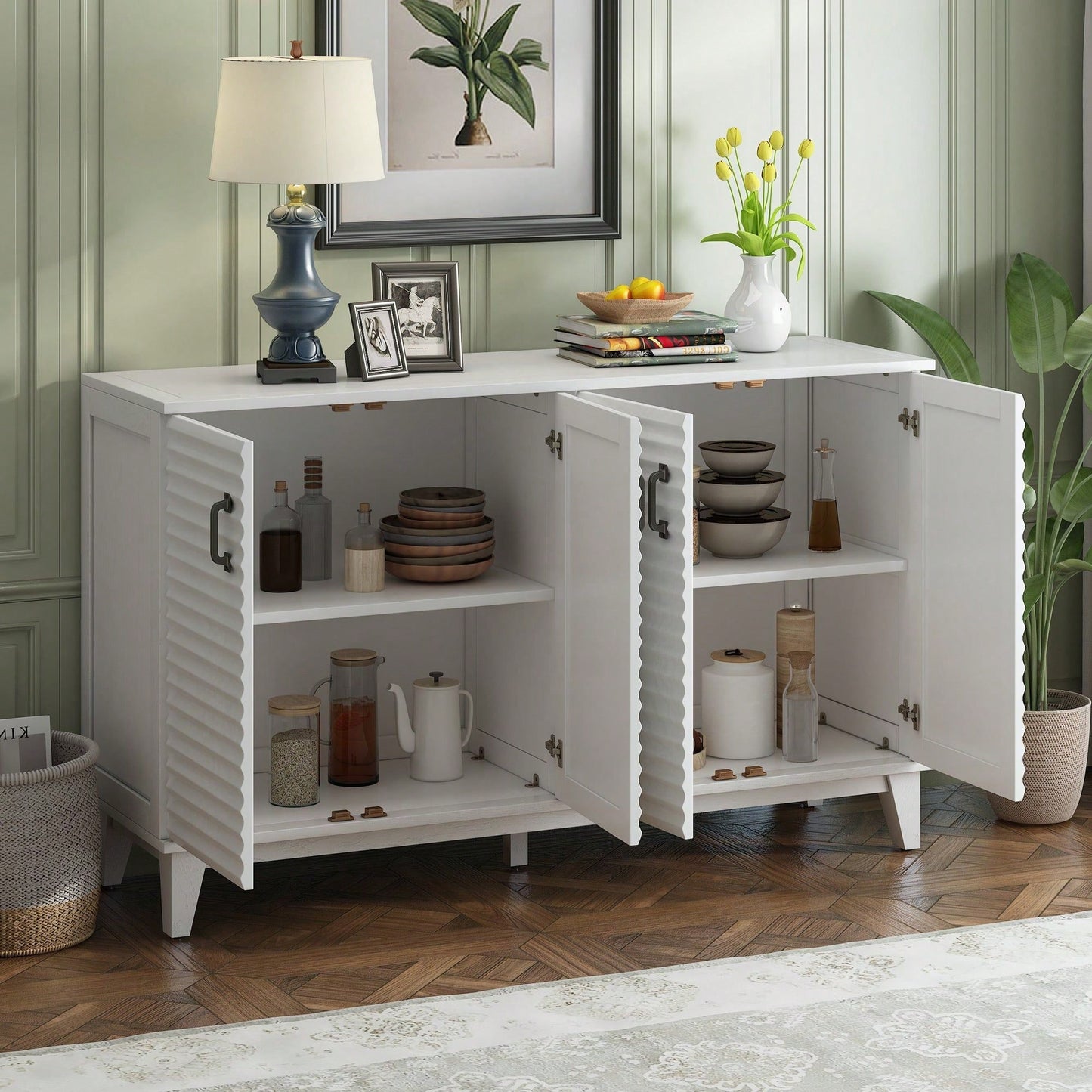 4 Door Large Storage Buffet With Adjustable Shelves And Metal Handles For Kitchen, Living Room, Dining Room