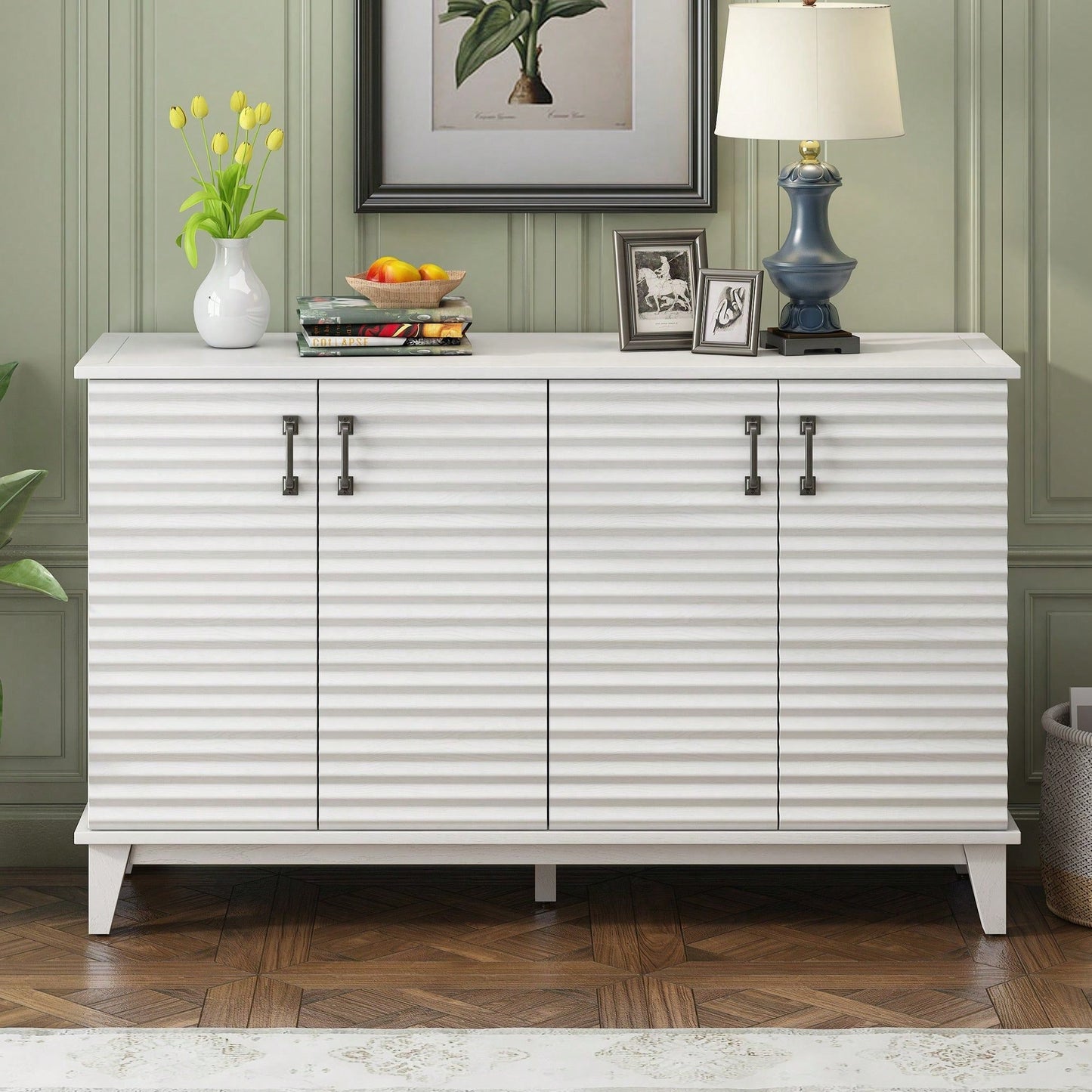 4 Door Large Storage Buffet With Adjustable Shelves And Metal Handles For Kitchen, Living Room, Dining Room