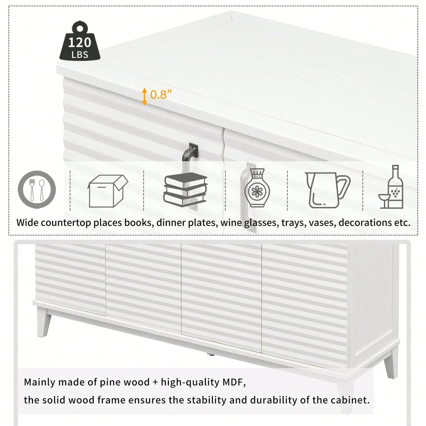 4 Door Large Storage Buffet With Adjustable Shelves And Metal Handles For Kitchen, Living Room, Dining Room