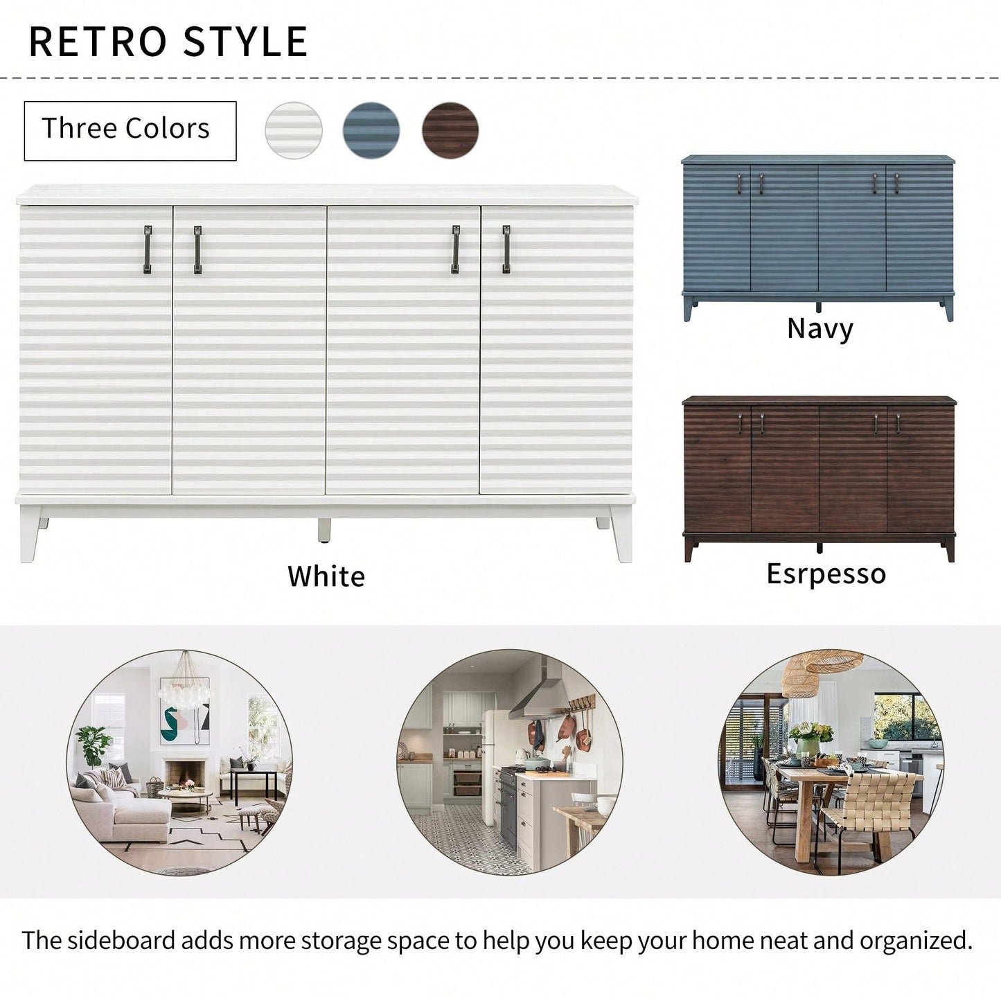 4 Door Large Storage Buffet With Adjustable Shelves And Metal Handles For Kitchen, Living Room, Dining Room