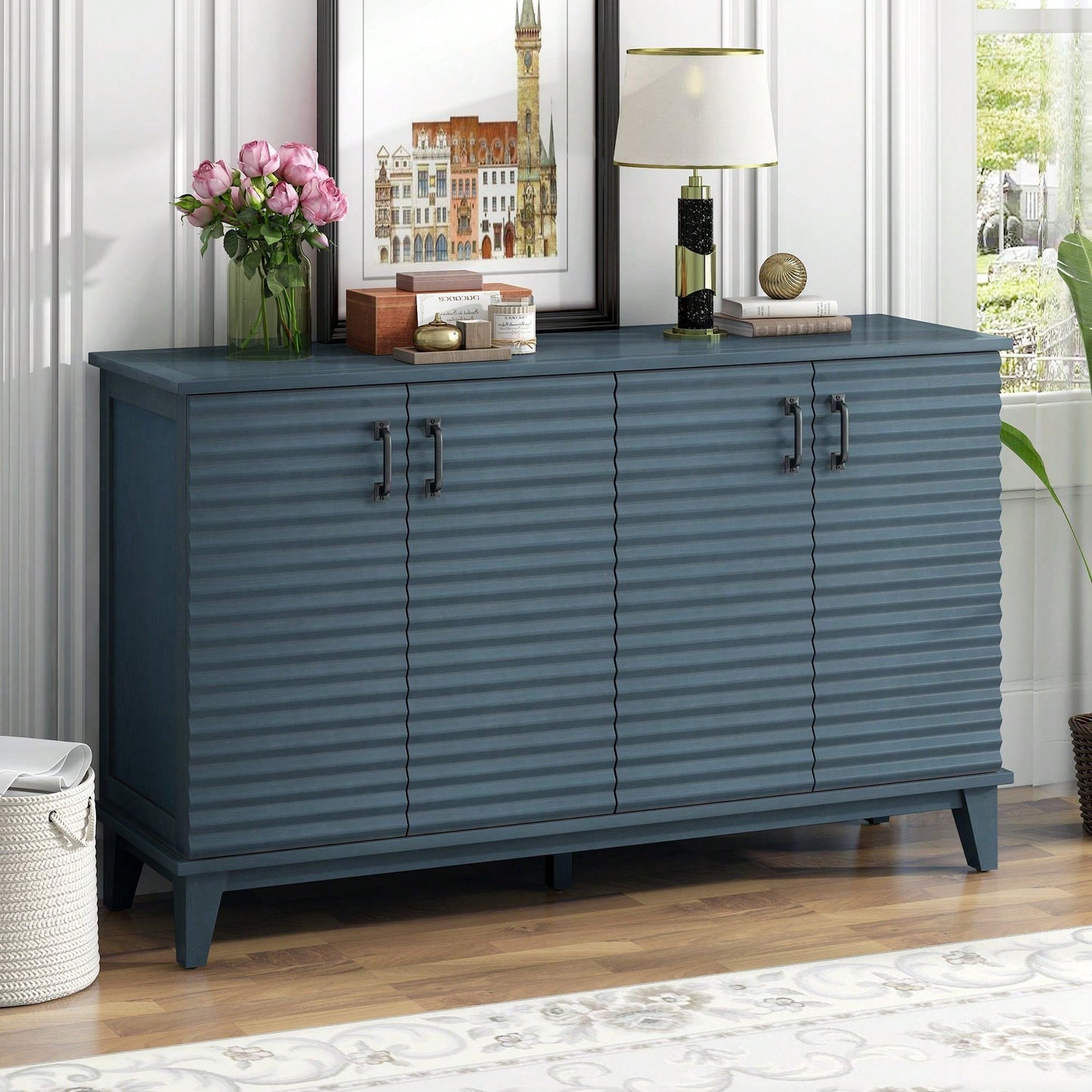 4 Door Large Storage Buffet With Adjustable Shelves And Metal Handles For Kitchen, Living Room, Dining Room