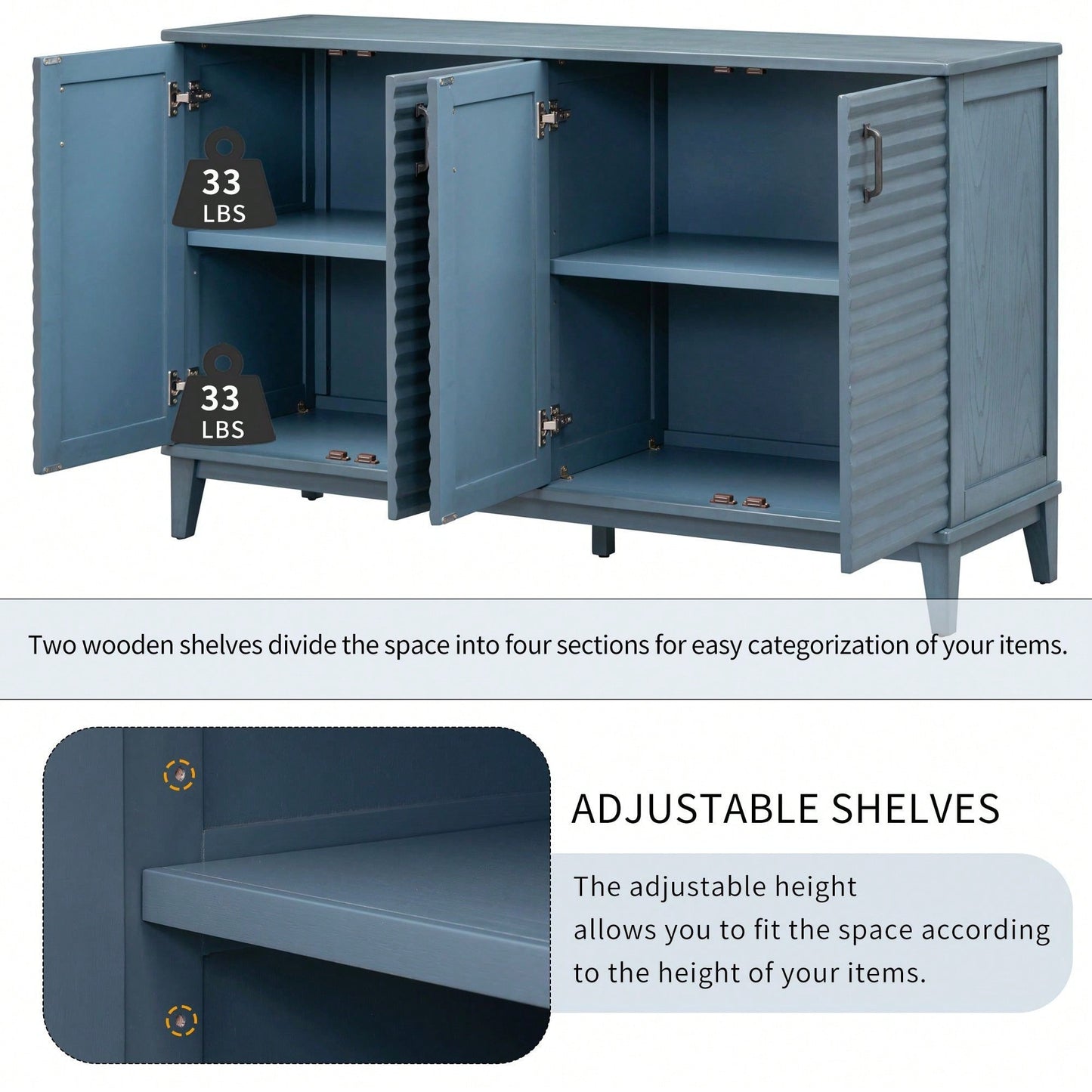 4 Door Large Storage Buffet With Adjustable Shelves And Metal Handles For Kitchen, Living Room, Dining Room