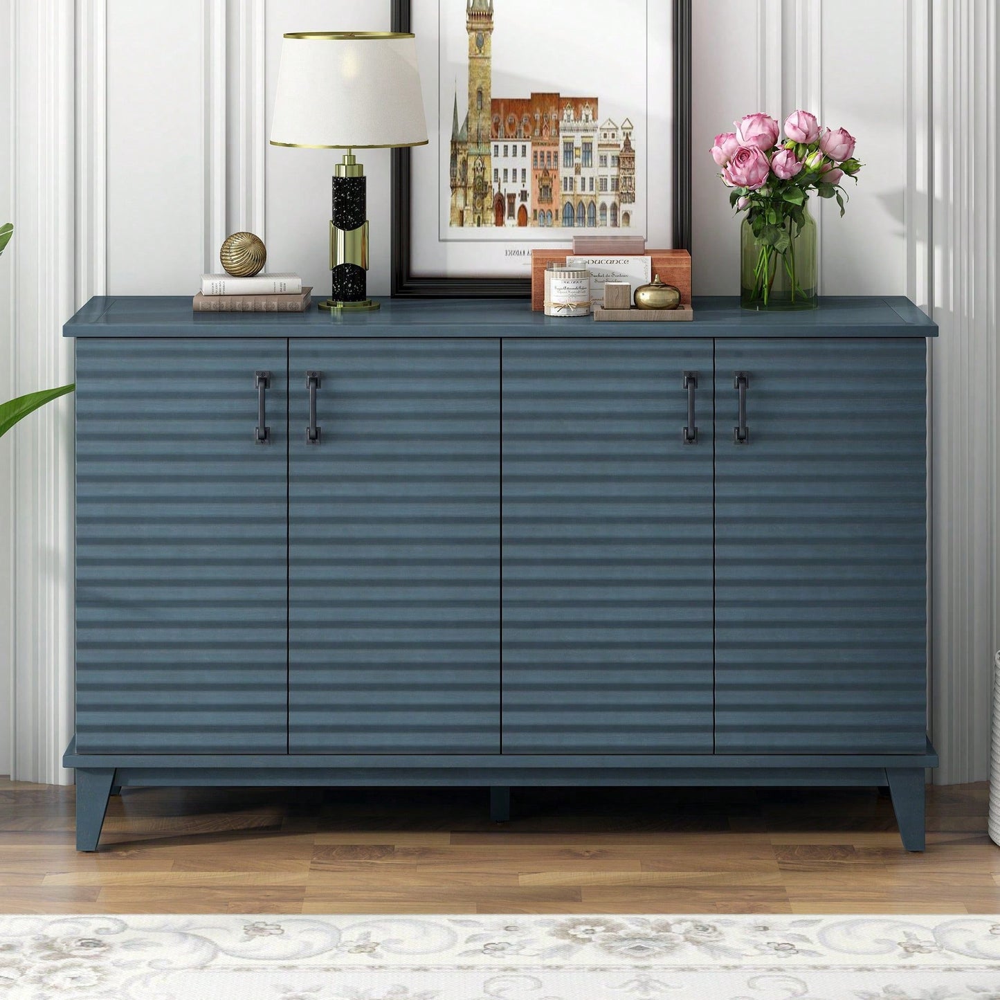 4 Door Large Storage Buffet With Adjustable Shelves And Metal Handles For Kitchen, Living Room, Dining Room