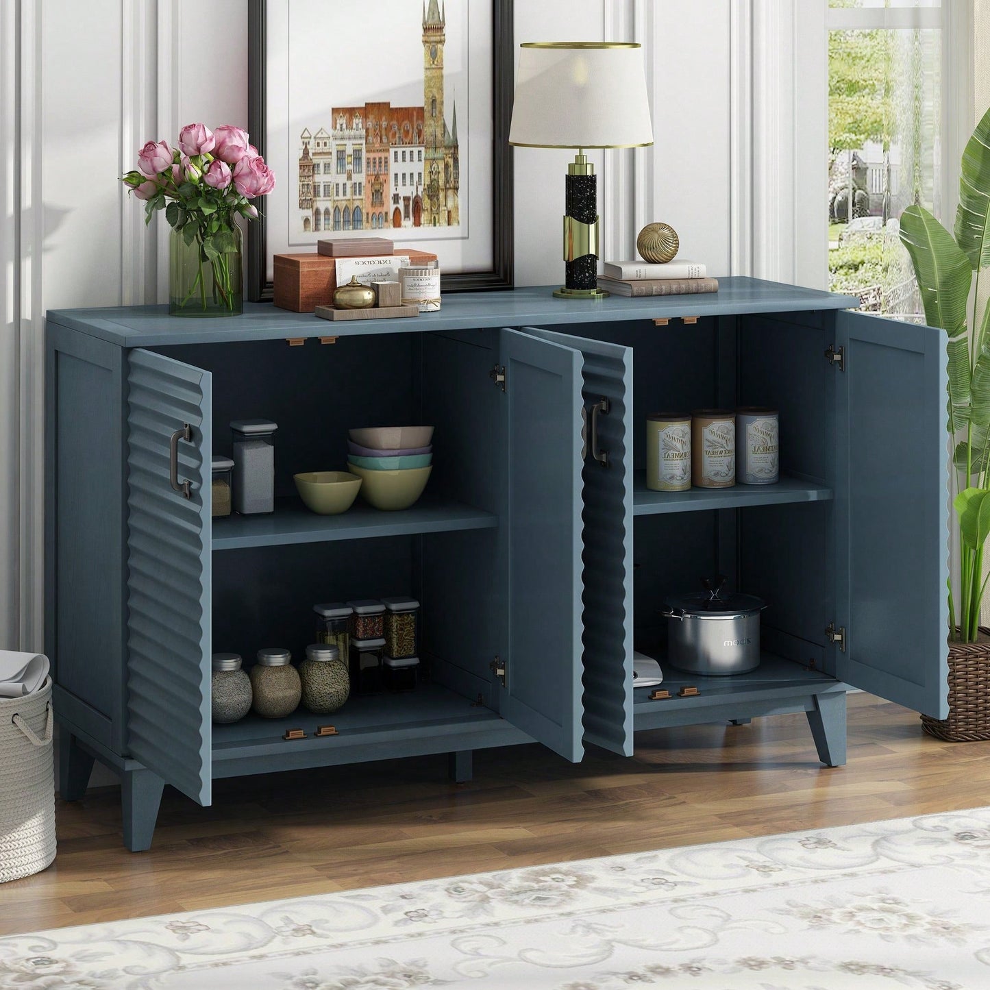 4 Door Large Storage Buffet With Adjustable Shelves And Metal Handles For Kitchen, Living Room, Dining Room