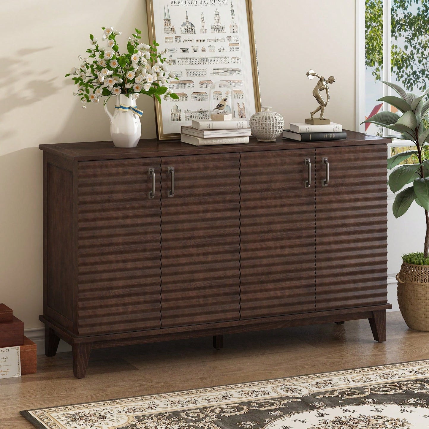 4 Door Large Storage Buffet With Adjustable Shelves And Metal Handles For Kitchen, Living Room, Dining Room