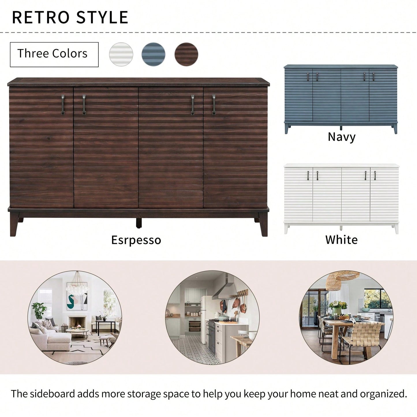4 Door Large Storage Buffet With Adjustable Shelves And Metal Handles For Kitchen, Living Room, Dining Room