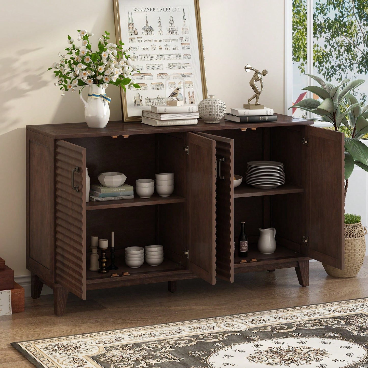 4 Door Large Storage Buffet With Adjustable Shelves And Metal Handles For Kitchen, Living Room, Dining Room