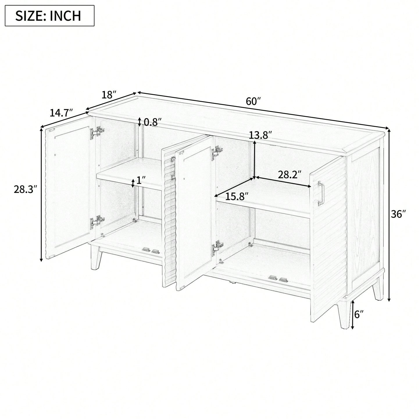 4 Door Large Storage Buffet With Adjustable Shelves And Metal Handles For Kitchen, Living Room, Dining Room