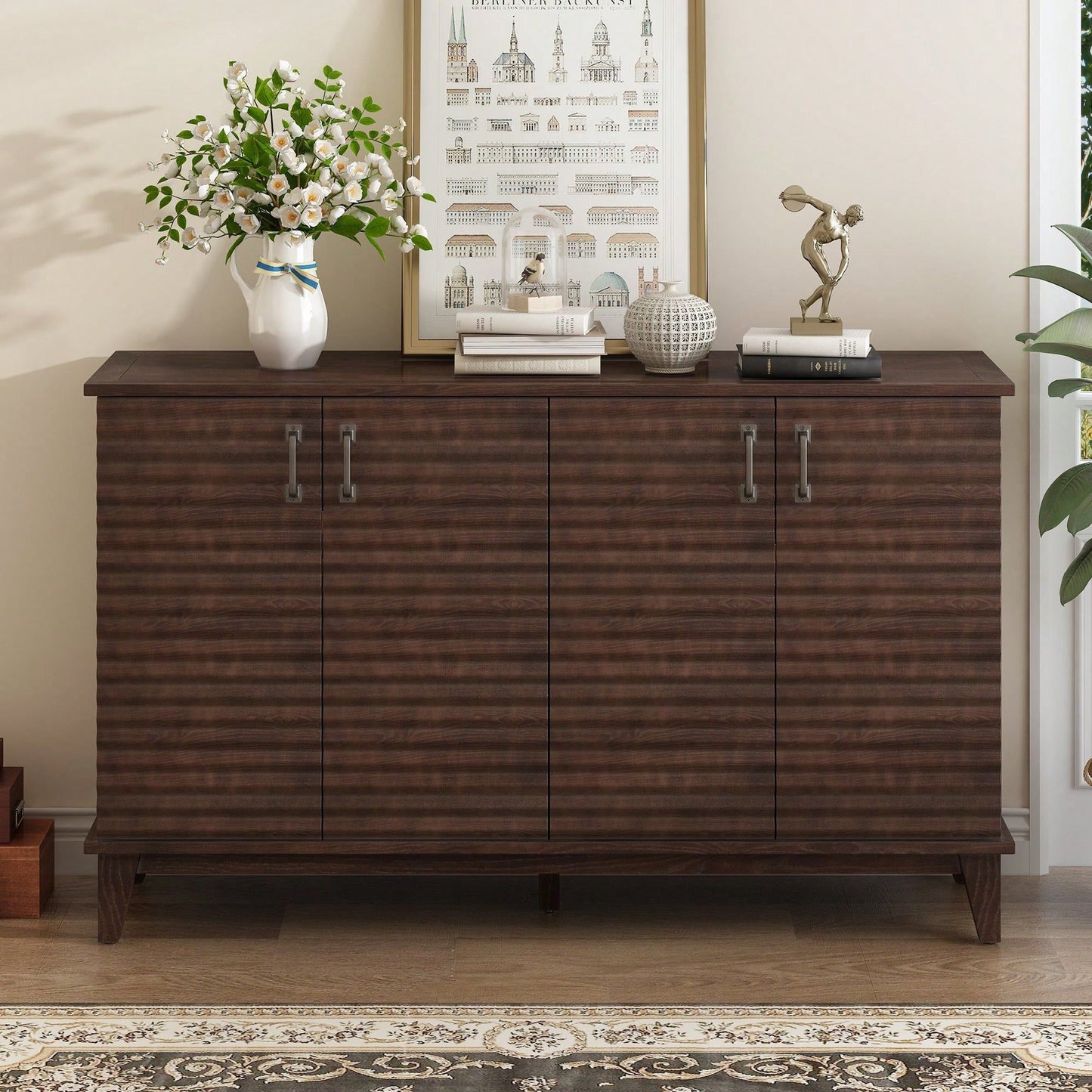 4 Door Large Storage Buffet With Adjustable Shelves And Metal Handles For Kitchen, Living Room, Dining Room