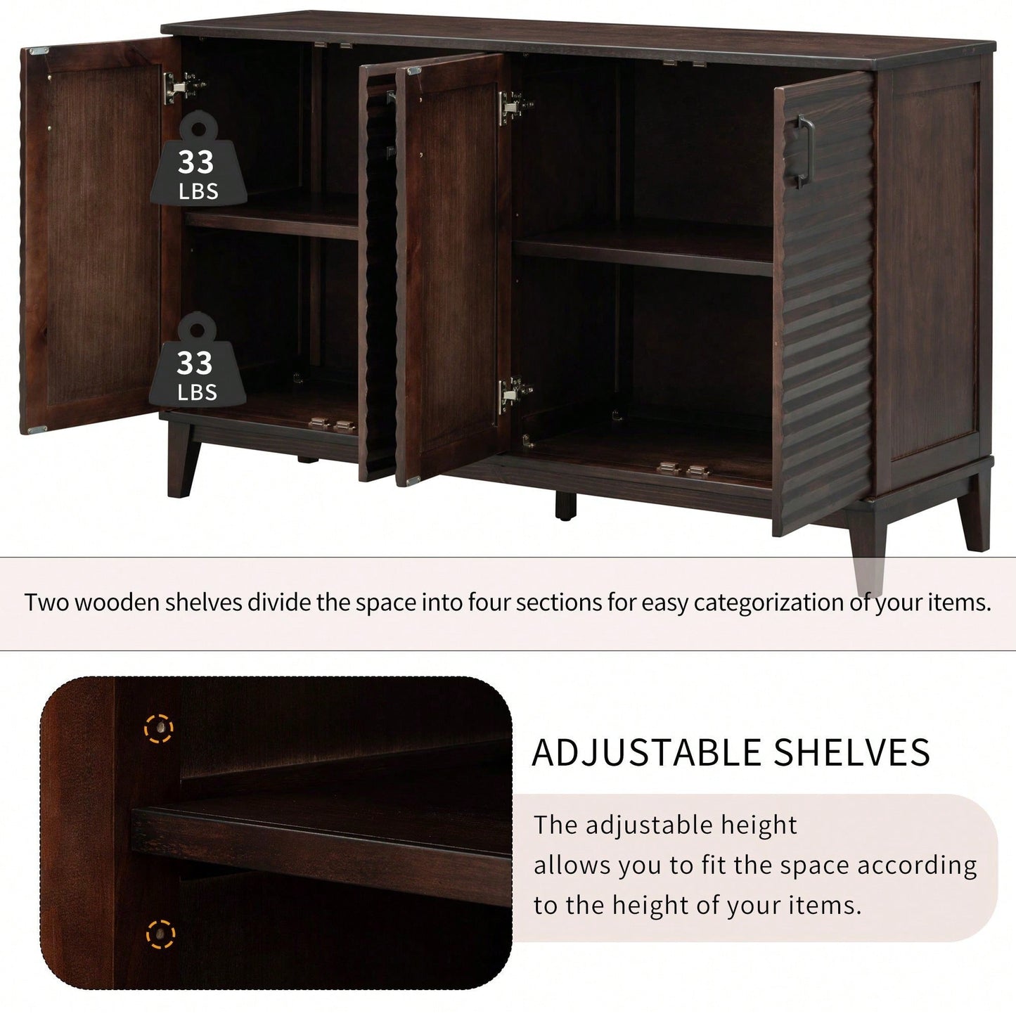 4 Door Large Storage Buffet With Adjustable Shelves And Metal Handles For Kitchen, Living Room, Dining Room