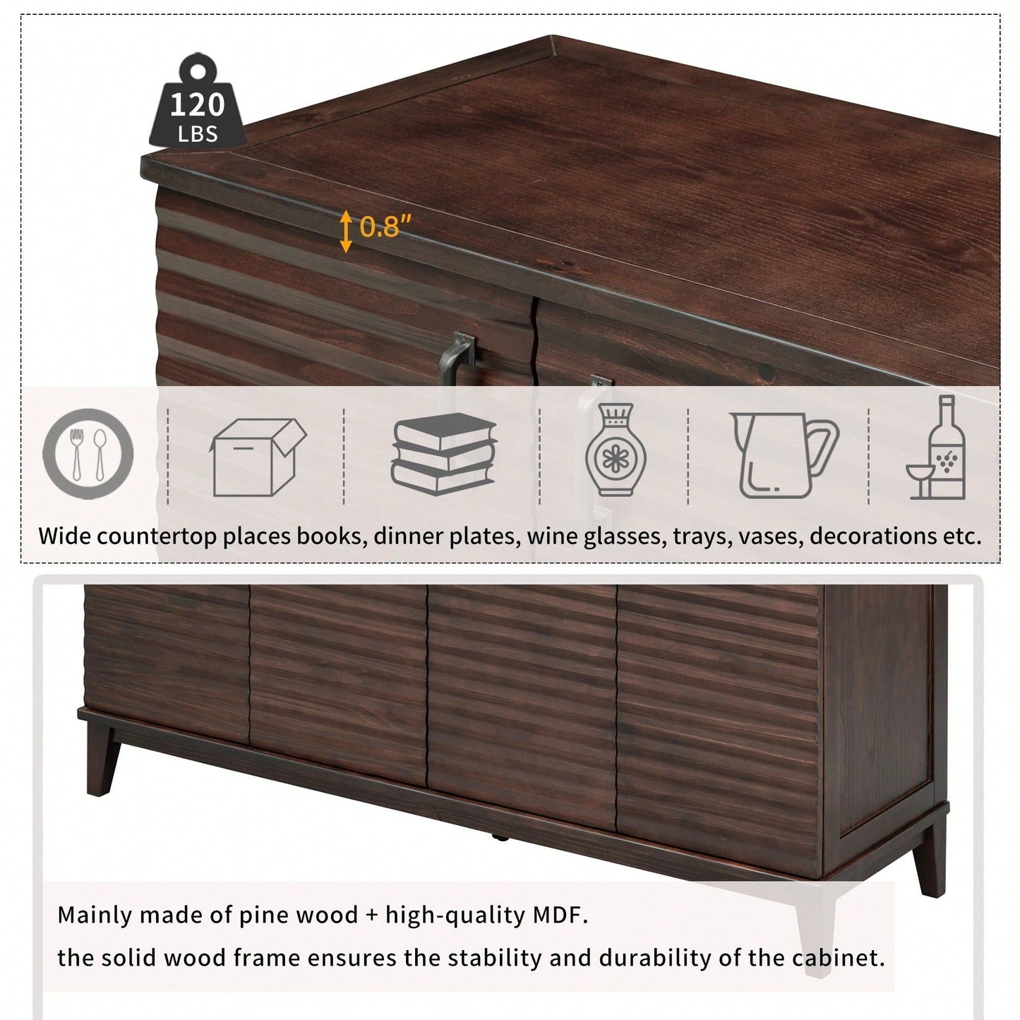 4 Door Large Storage Buffet With Adjustable Shelves And Metal Handles For Kitchen, Living Room, Dining Room