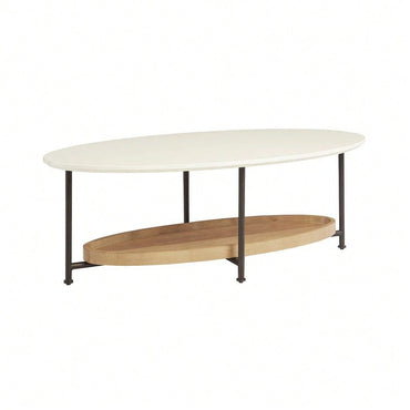 Oval Coffee Table, White Top & Natural Shelf, Metal Base