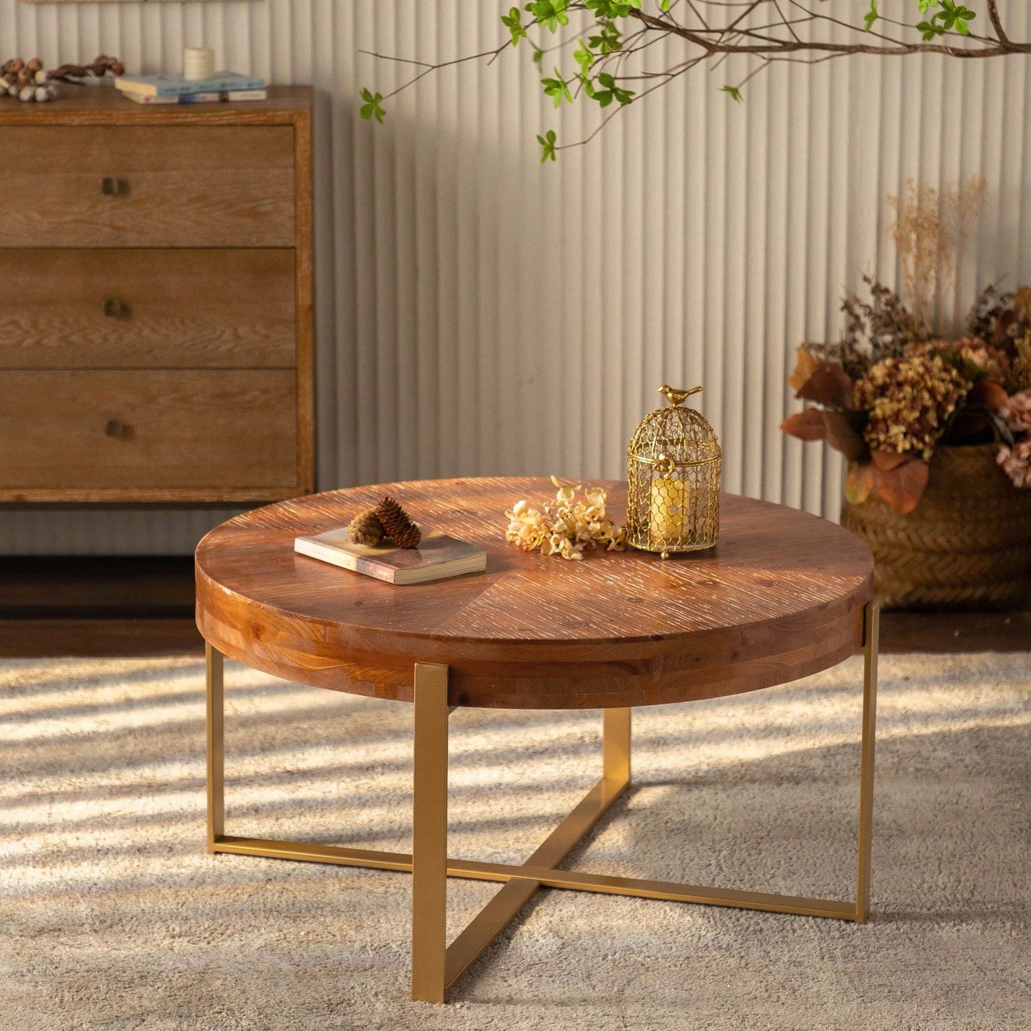 Modern Retro Splicing Round Coffee Table, Fir Wood Table Top With Black Cross Legs Base
