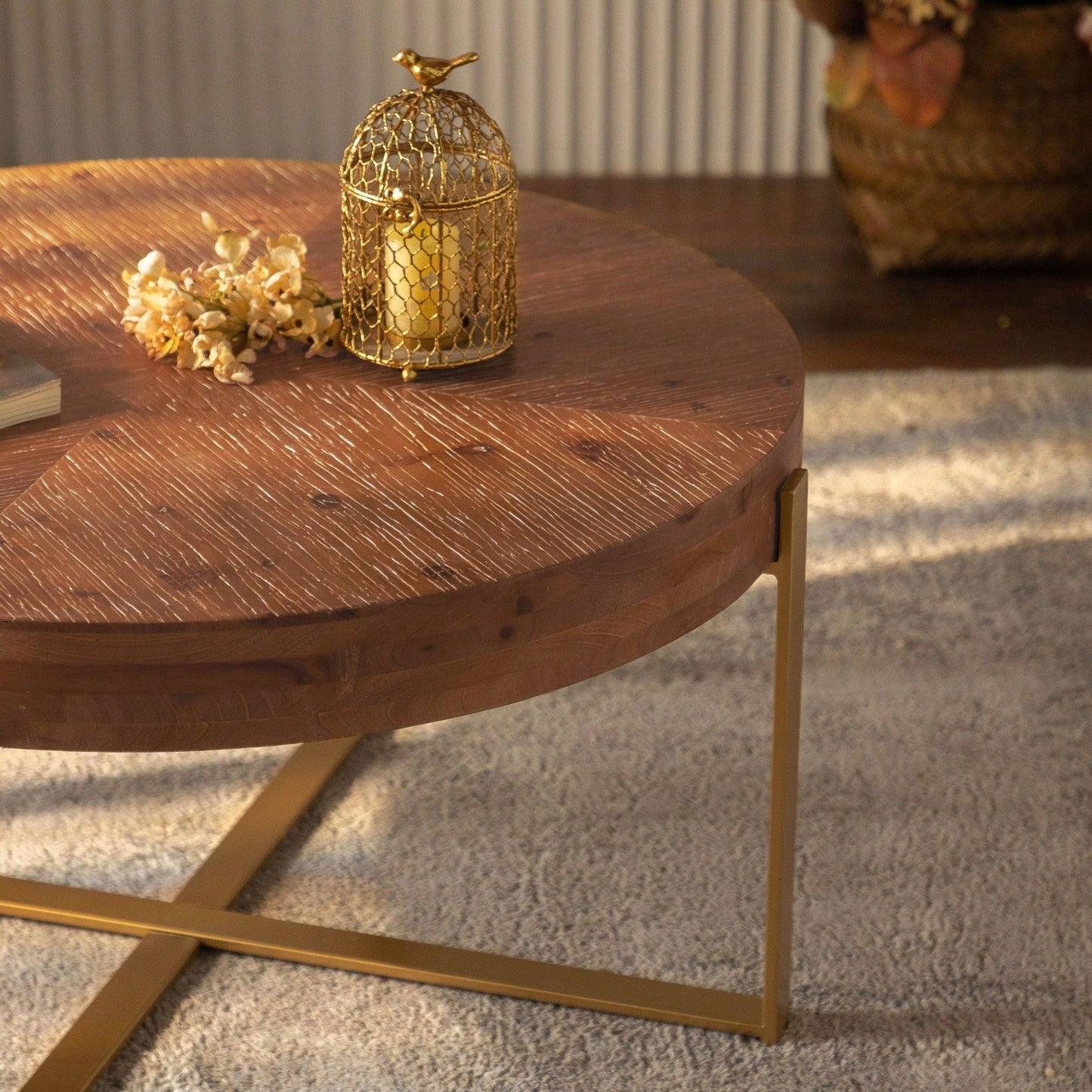 Modern Retro Splicing Round Coffee Table, Fir Wood Table Top With Black Cross Legs Base