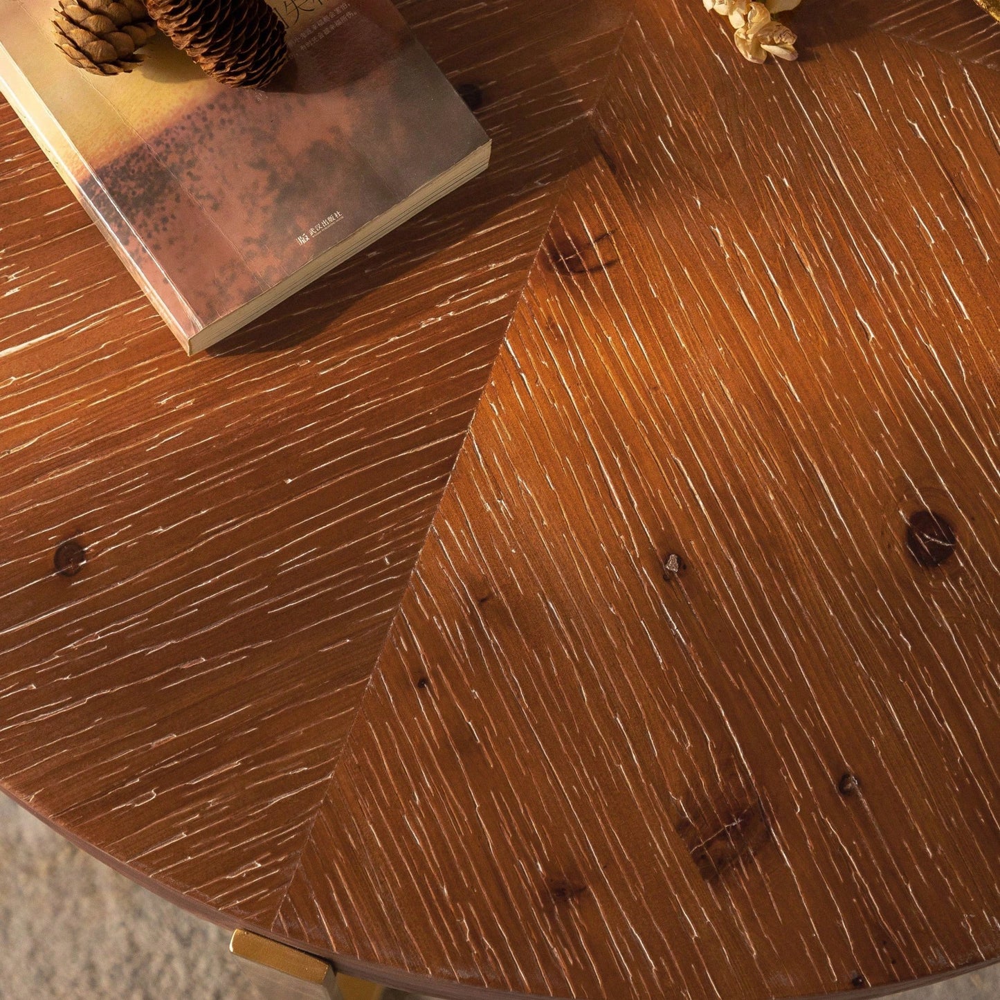 Modern Retro Splicing Round Coffee Table, Fir Wood Table Top With Black Cross Legs Base