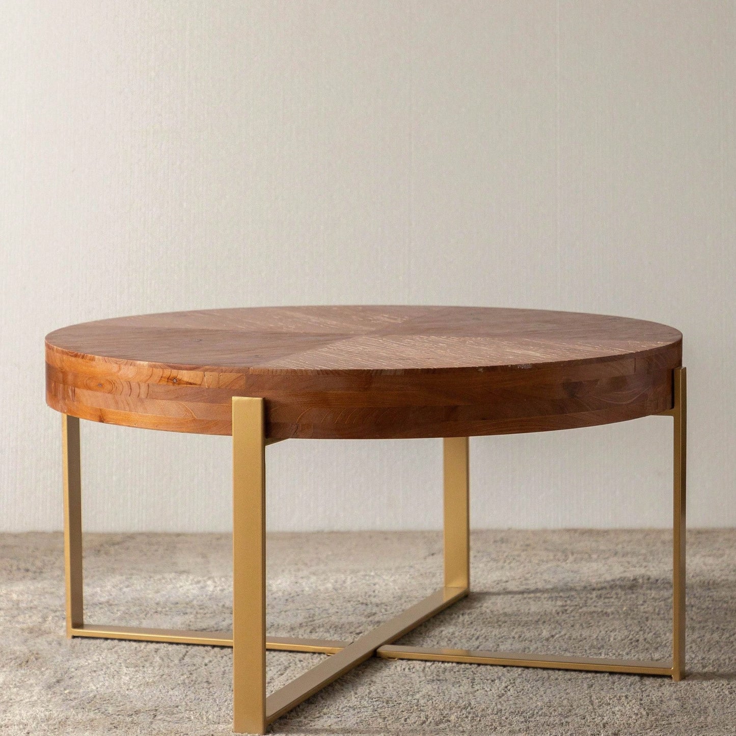Modern Retro Splicing Round Coffee Table, Fir Wood Table Top With Black Cross Legs Base