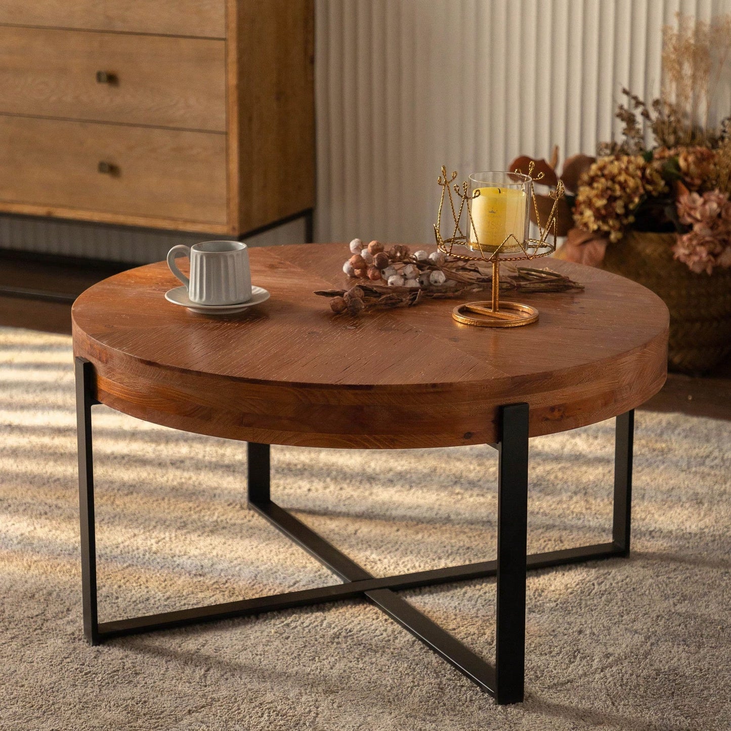 Modern Retro Splicing Round Coffee Table, Fir Wood Table Top With Black Cross Legs Base