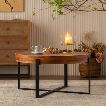 Modern Retro Splicing Round Coffee Table, Fir Wood Table Top With Black Cross Legs Base
