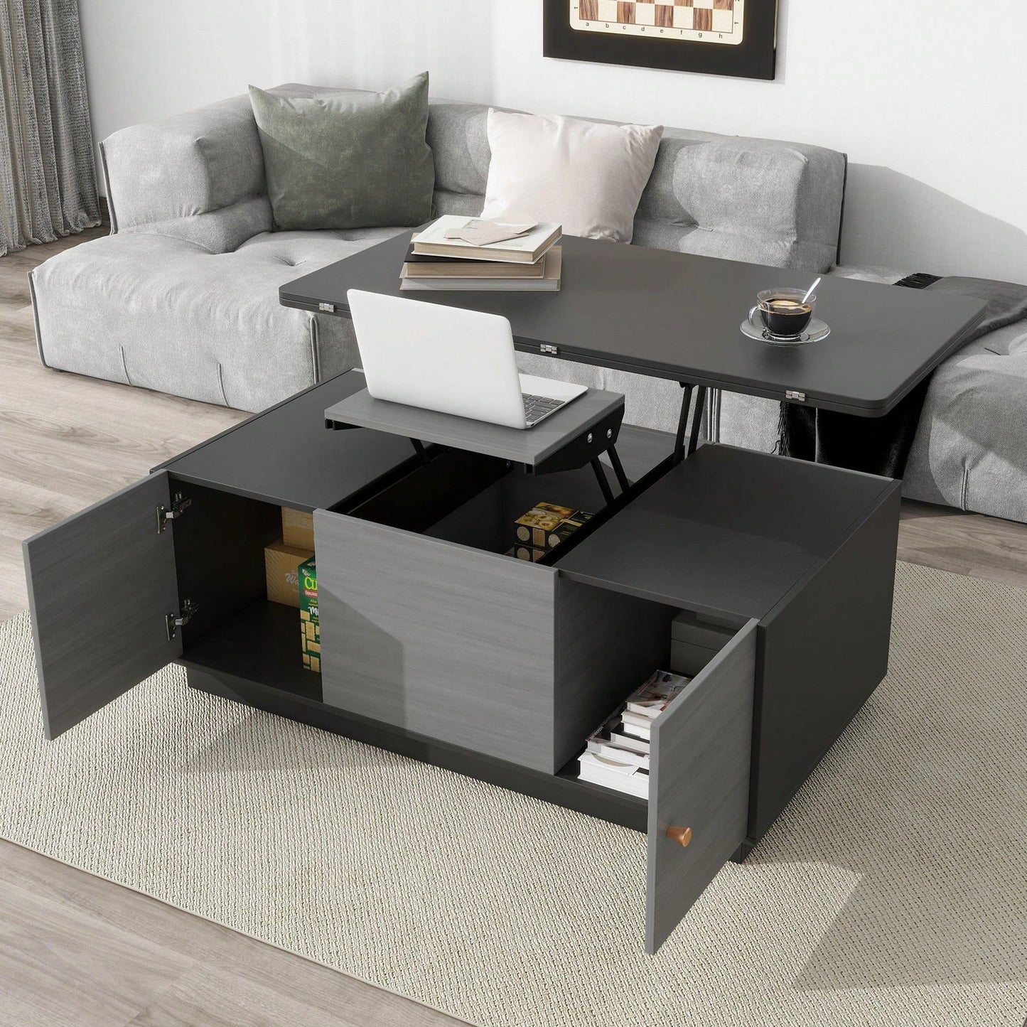 Multi-Functional Rectangle Lift-Top Coffee Table Extendable With Storage