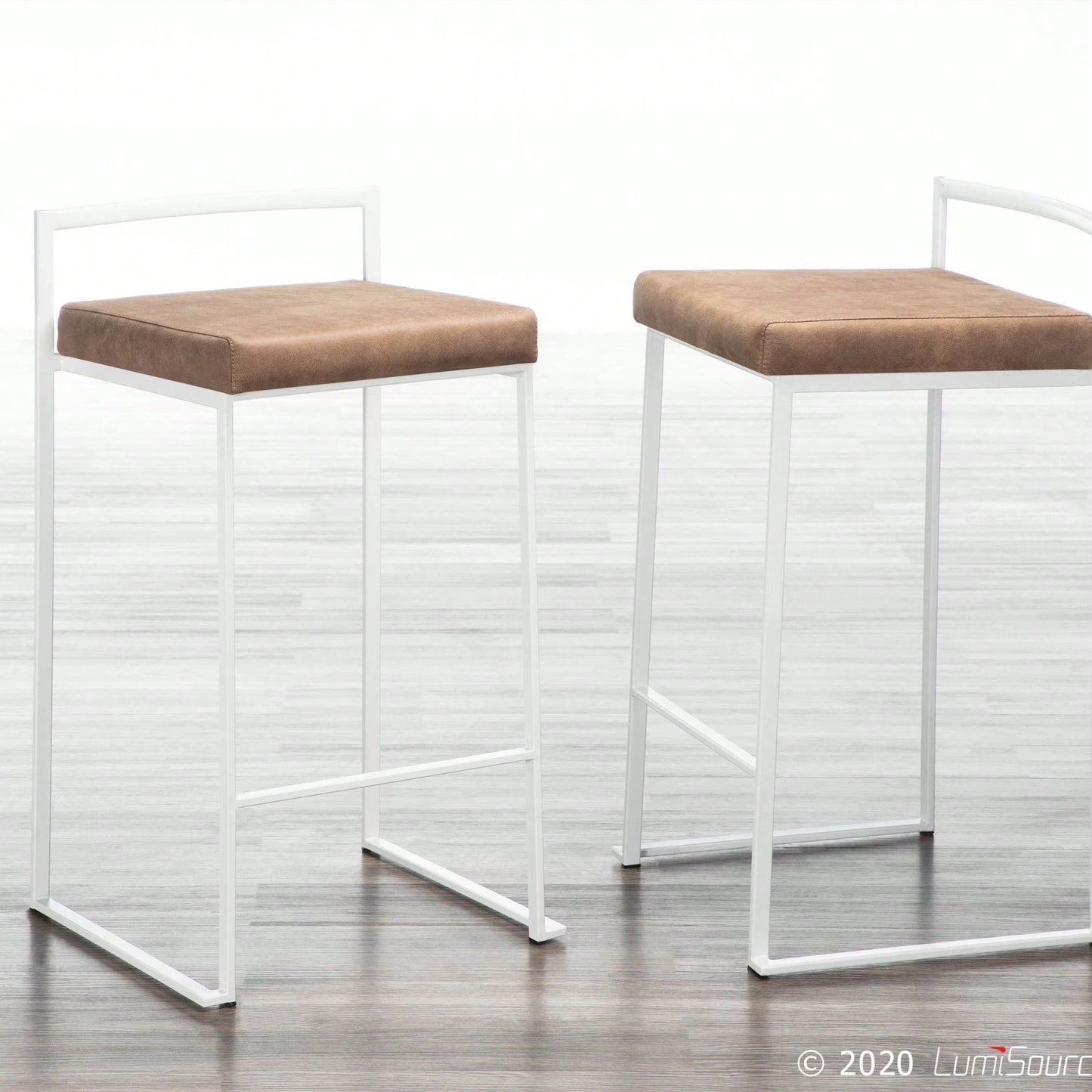 Contemporary Stackable Counter Stool In White With Brown Cowboy Fabric Cushion