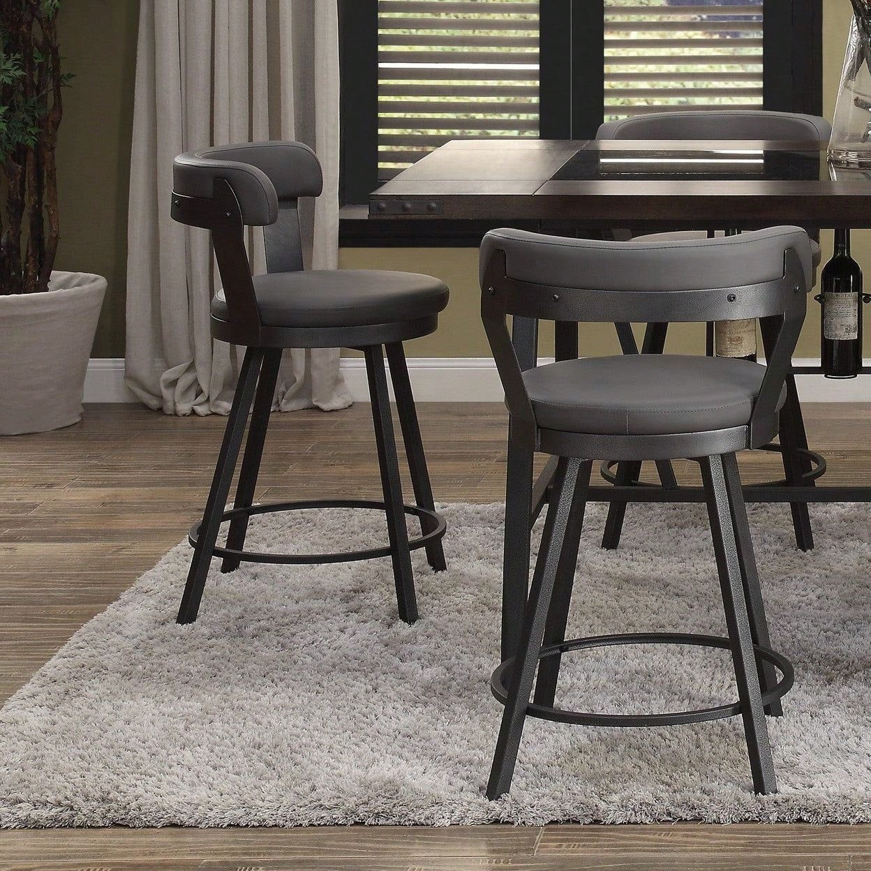 24-Inch Counter Height Chairs Set Of 2pc Grey Seat 360-Degree Swivel Faux Leather Upholstered Dining Room Furniture