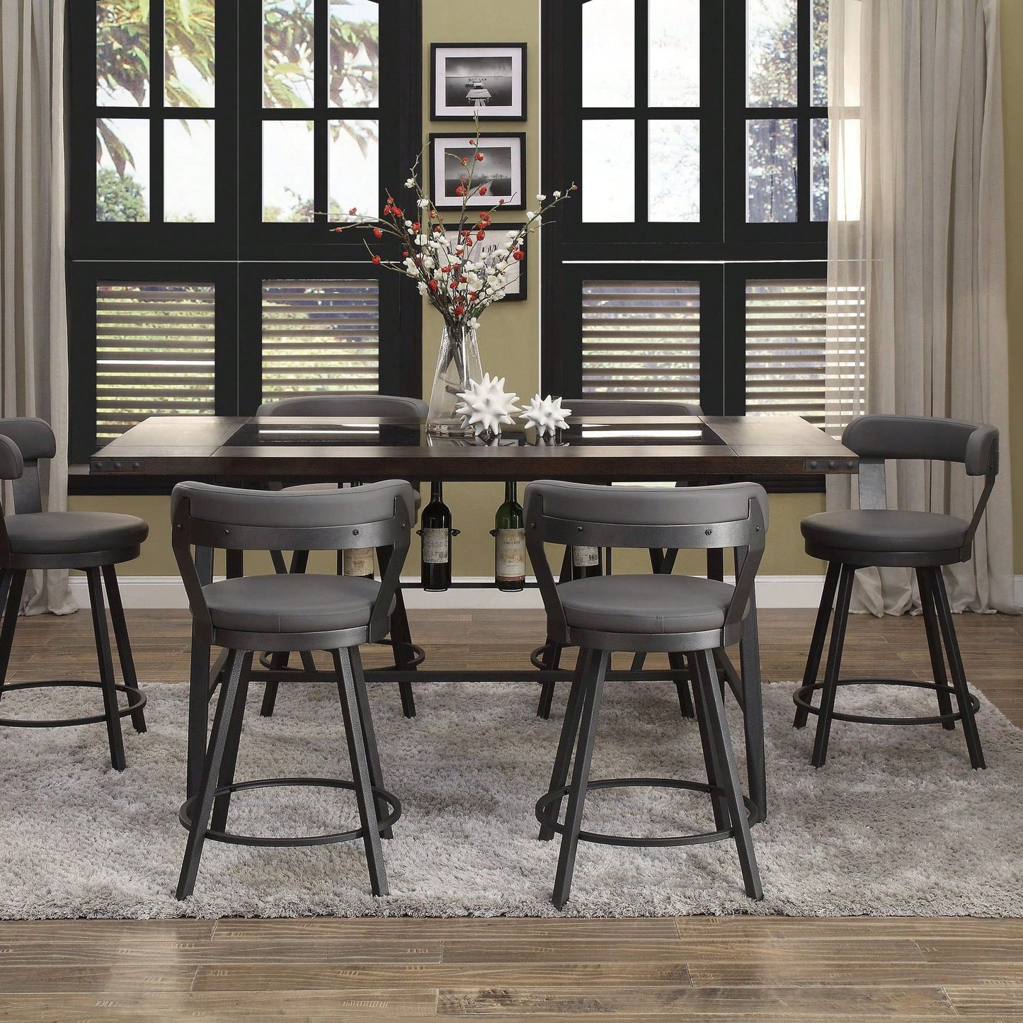 24-Inch Counter Height Chairs Set Of 2pc Grey Seat 360-Degree Swivel Faux Leather Upholstered Dining Room Furniture