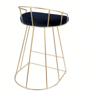 Contemporary-Glam Counter Stool In Gold With Blue Velvet - Set Of 2