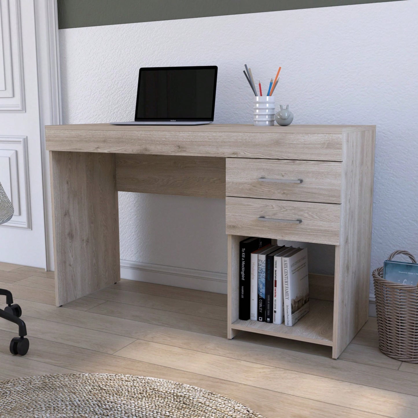 Computer Desk, Two Drawers, Light Grey Finish