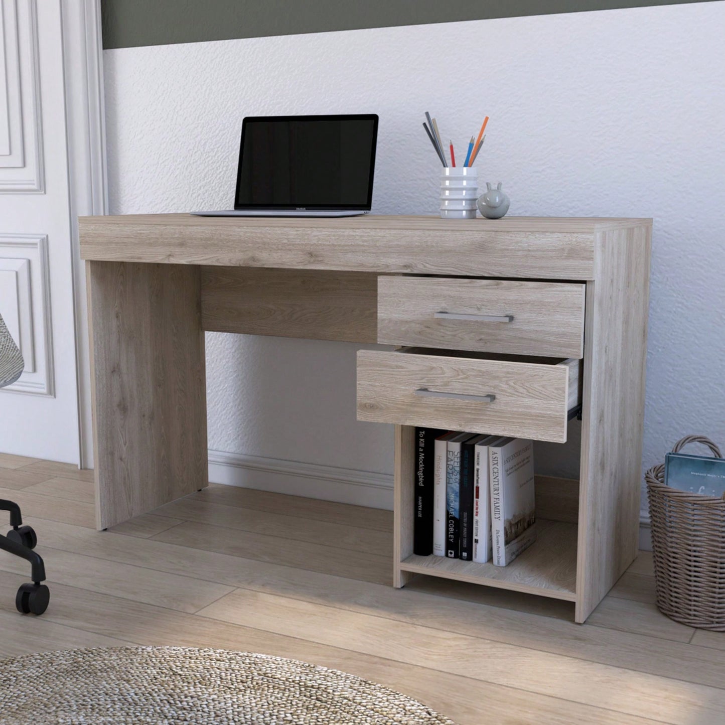 Computer Desk, Two Drawers, Light Grey Finish
