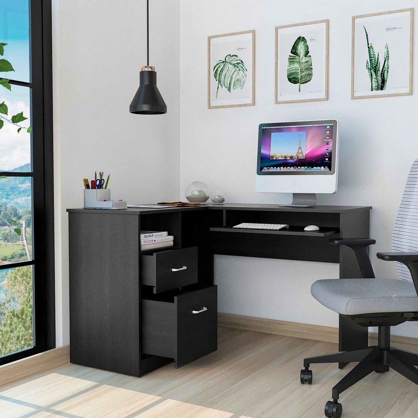 L-Shaped Desk, Keyboard Shelf