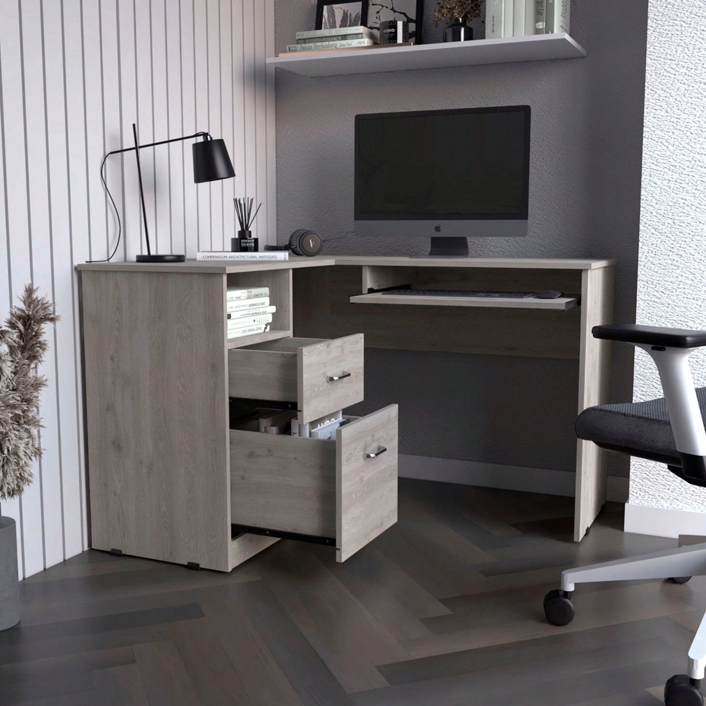 L-Shaped Desk, Keyboard Shelf