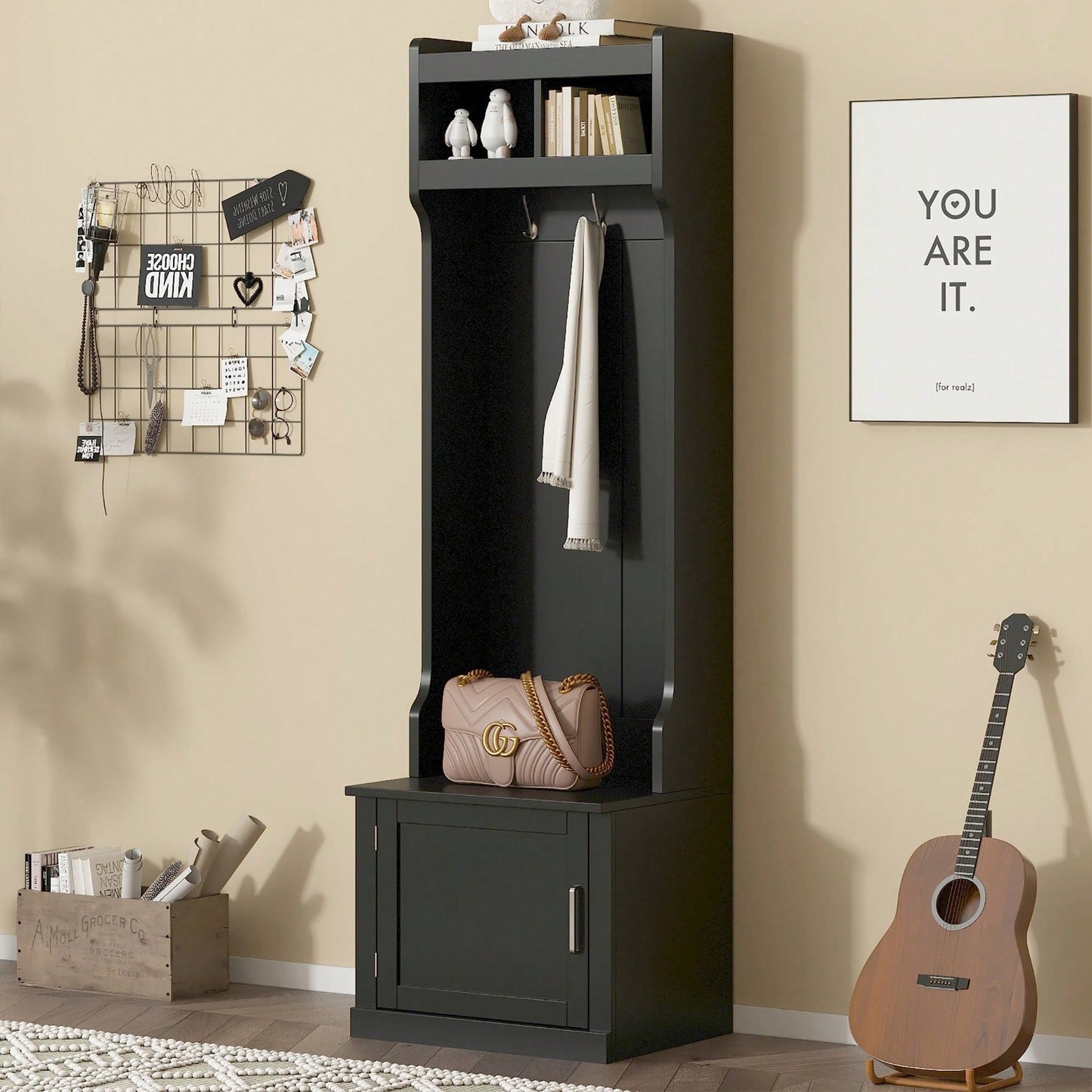 Sleek Minimalist Hall Tree with Storage Cabinet and 6 Hooks for Entryway and Living Room
