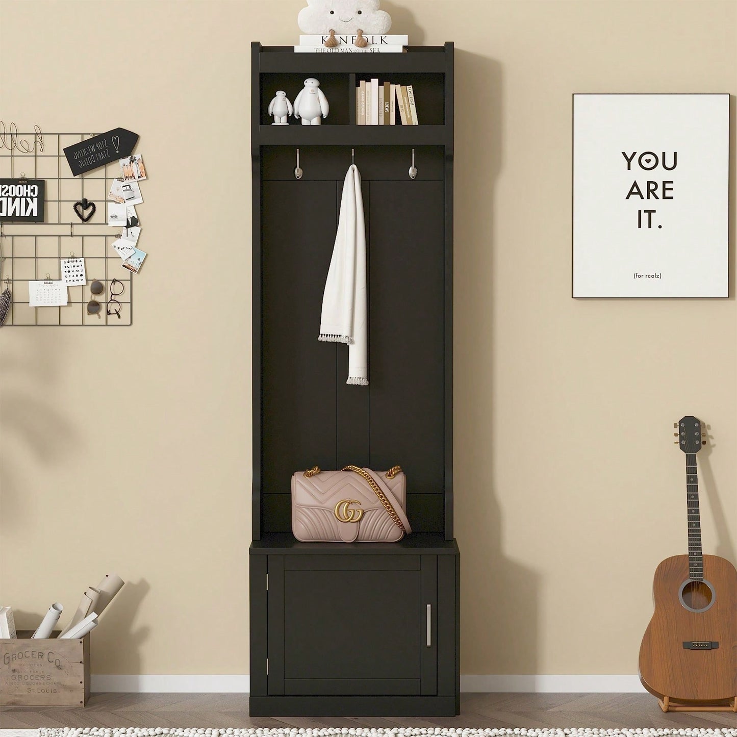 Sleek Minimalist Hall Tree with Storage Cabinet and 6 Hooks for Entryway and Living Room